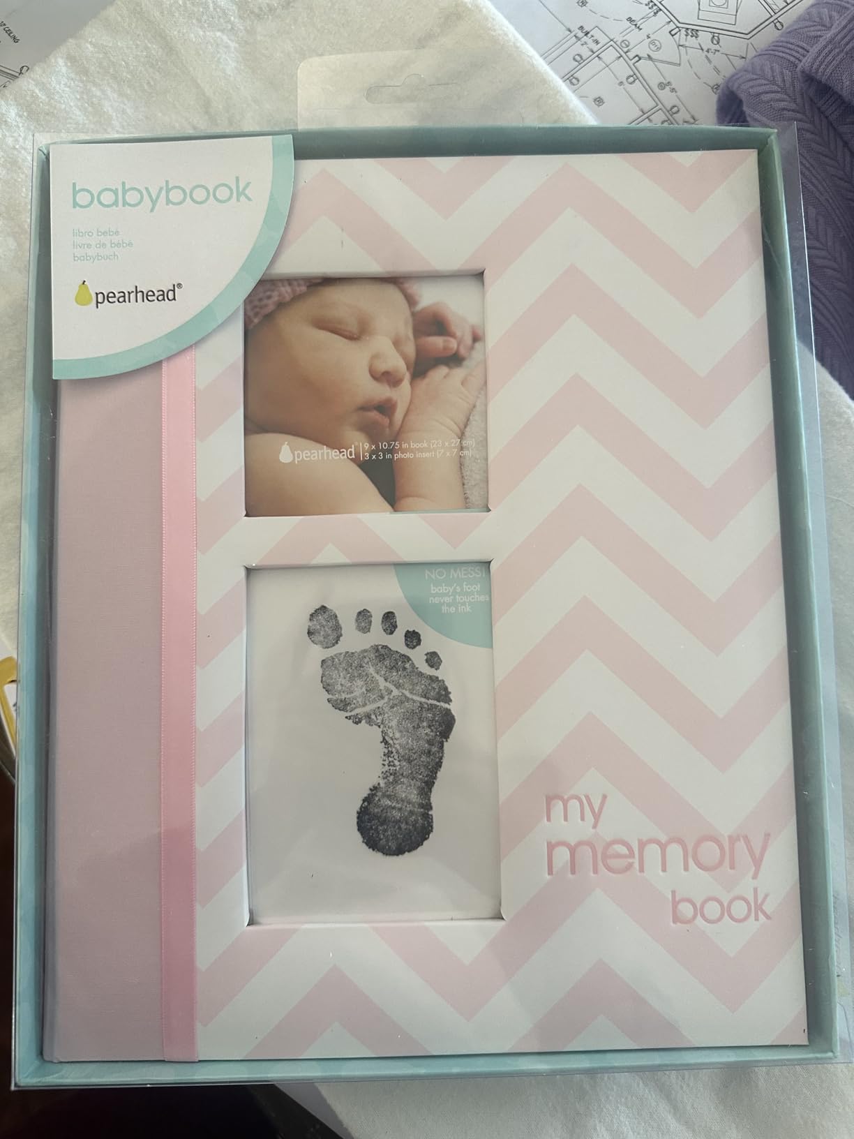 Pearhead Baby Memory Book, First 5 Years Baby Milestone Book, Pregnancy Journal, Gender Neutral Newborn Keepsake, With Clean-Touch Ink Pad For Baby's Handprint or Footprint, Pink Chevron customer photo 1