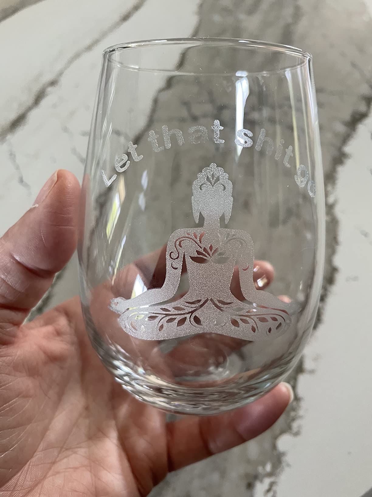 C M Buddha Engraved Funny Yoga Stemless Wine Glass, 17 oz | Let That Sh*t Go Design, Gift for Him or Her, 1 Piece customer photo 1