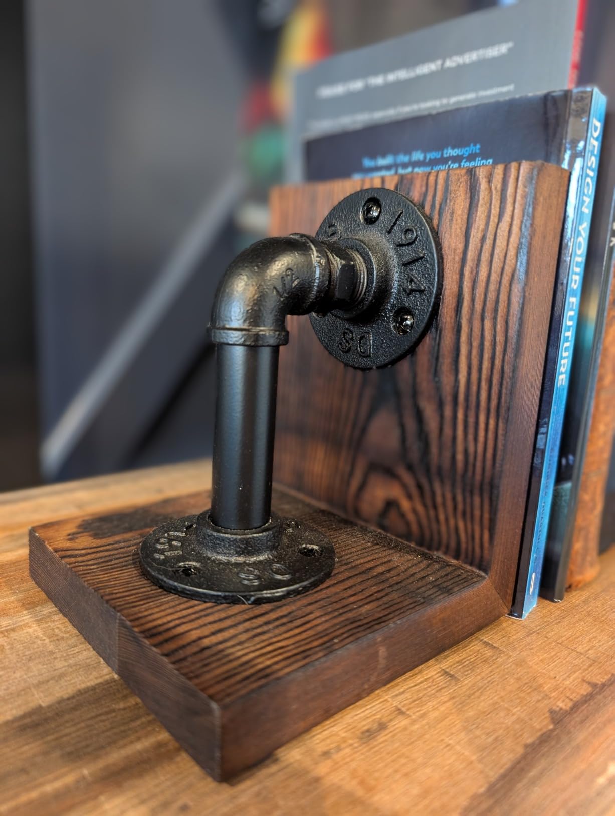 MyGift Book Ends Decorative, Bookends for Shelves, Metal Bookends for Heavy Books, Office Decor for Men, Wood Book Stopper, Realistic Industrial Pipe Design, Dark Brown customer photo 1