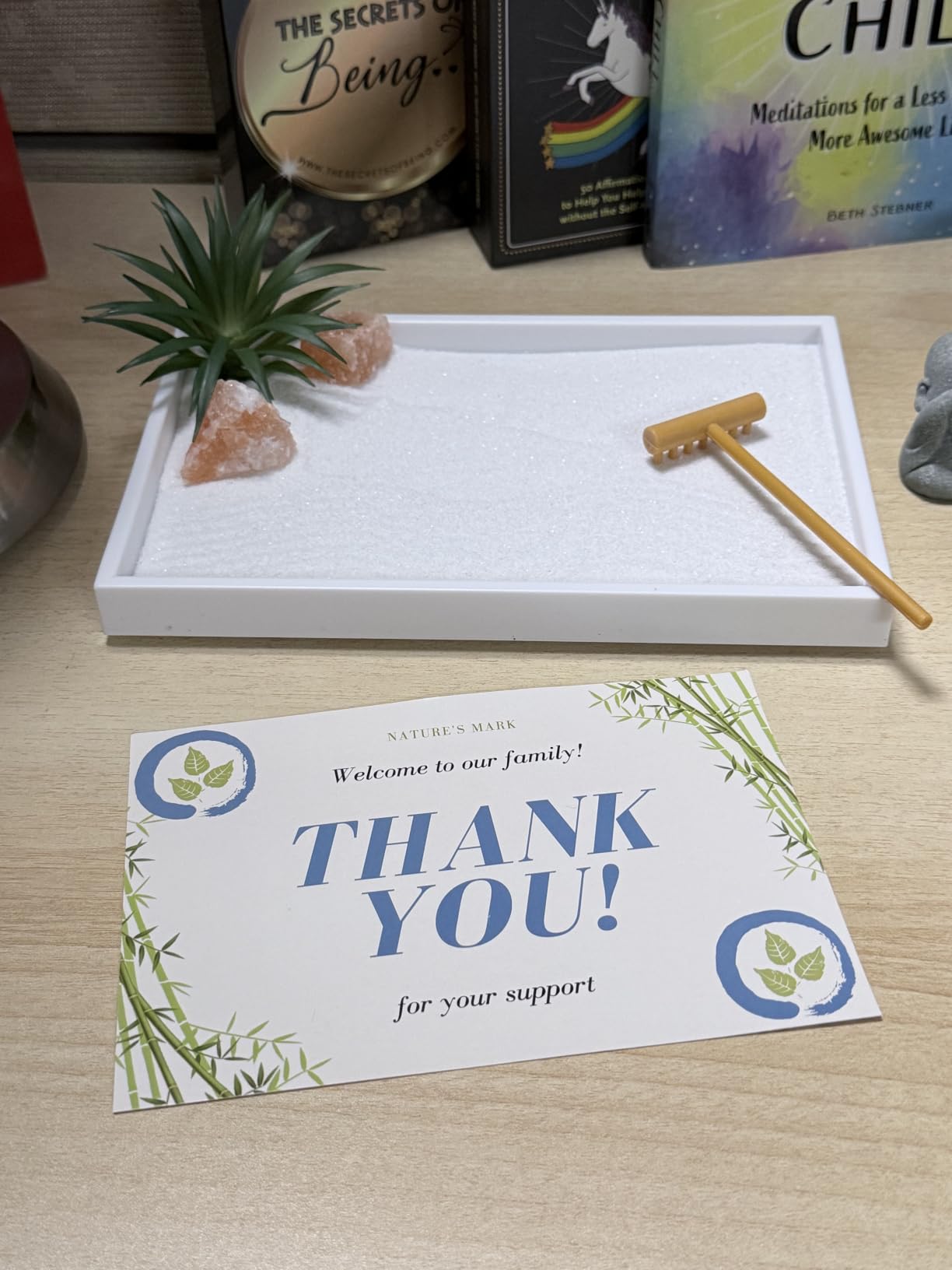 Nature's Mark Mini Zen Garden Kit for Desk with White Sand, Rake, White Base, Salt Rock and Air Plant (Round) customer photo 1