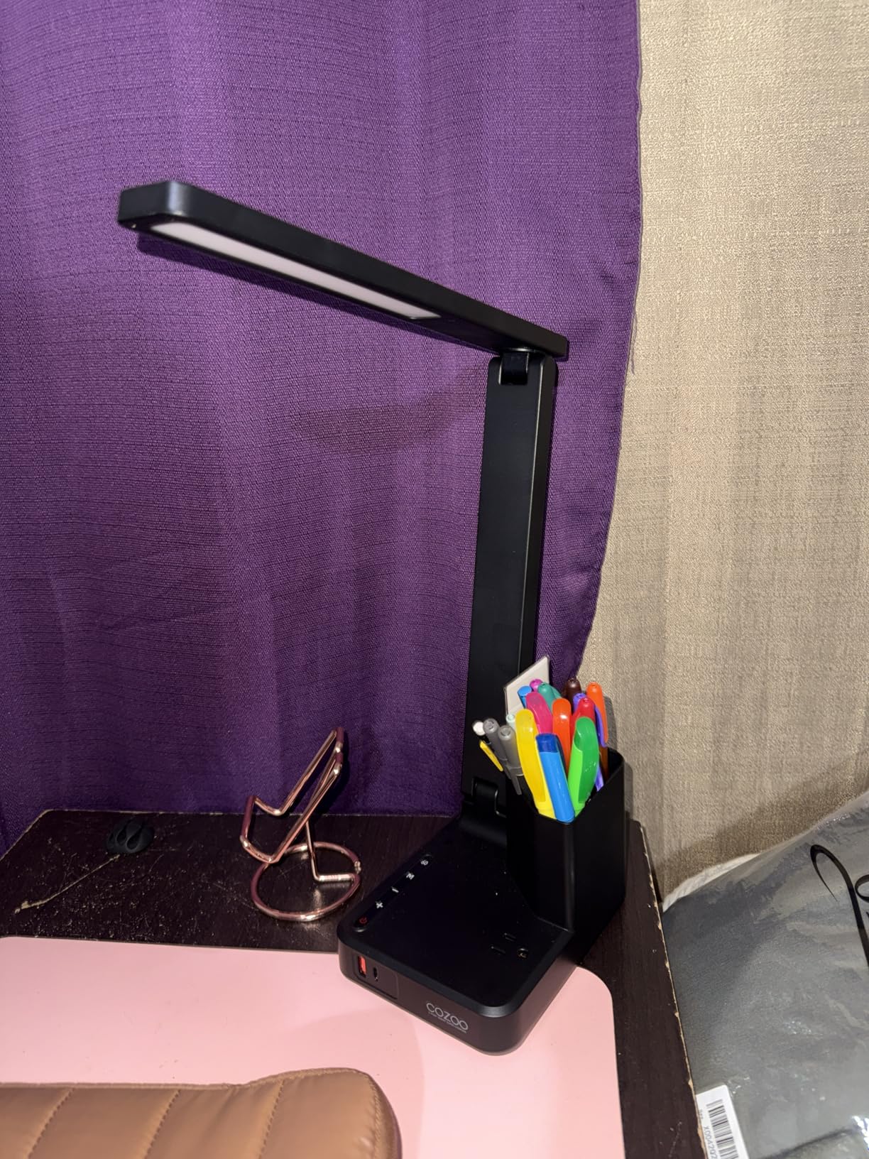 COZOO LED Desk Lamp with 2 USB Charging Ports, Type C Port, 1 AC Outlet, 2 Pen Holders, 3 Color Temperature 3 Brightness Level, Touch/Memory/Timer, 10W Eye Protection Foldable Reading Light, Study Lamp - White customer photo 2
