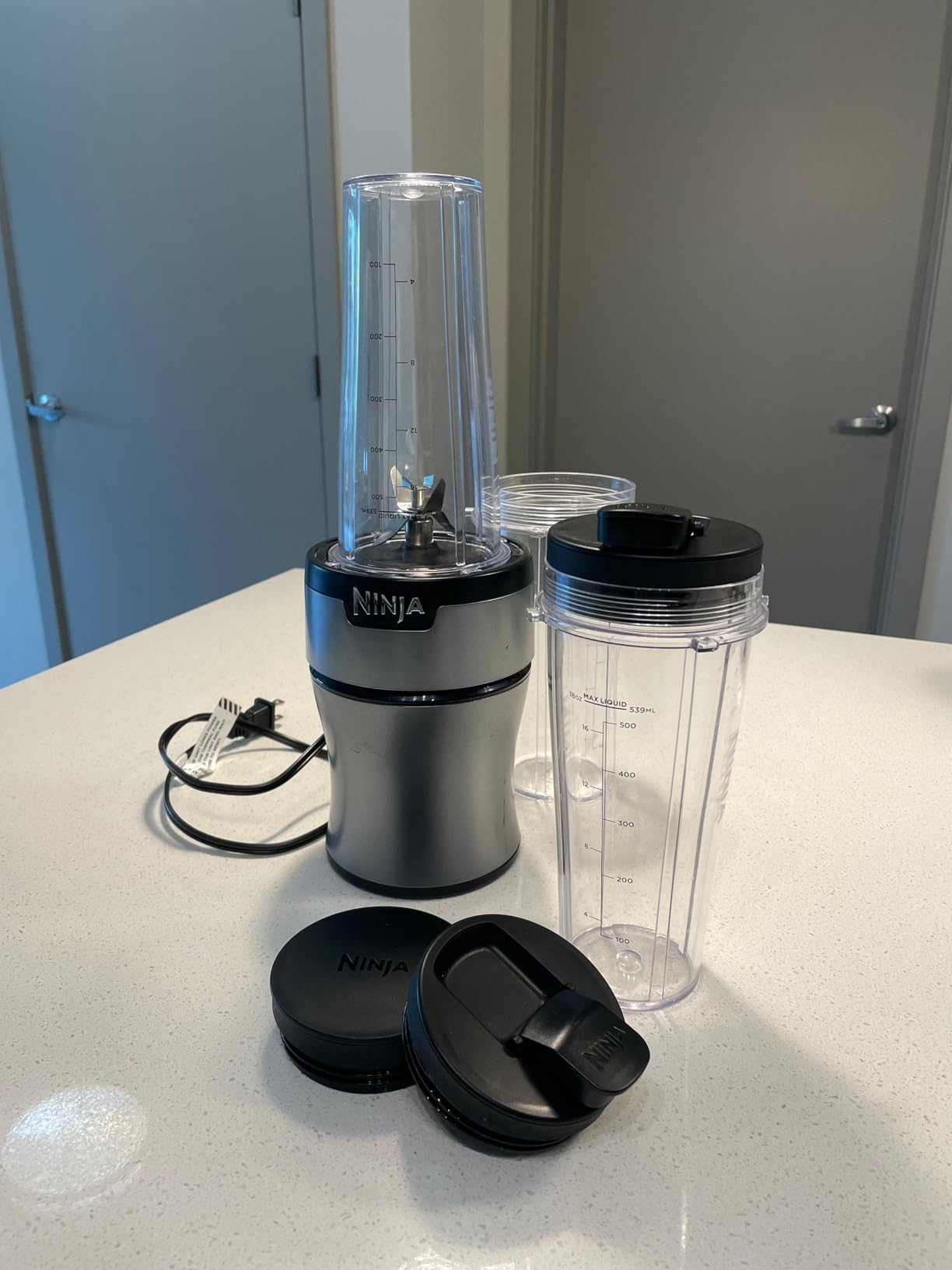 Ninja Nutri-Plus Personal Blender | Compact Push to Blend | Make Frozen Drinks, Smoothies, Sauces & More | With (3) 20 oz. To-Go Cups, (2) Spout-Lids & (1) Storage-Lid | 900 Peak Watt | Silver | BN301 customer photo 1