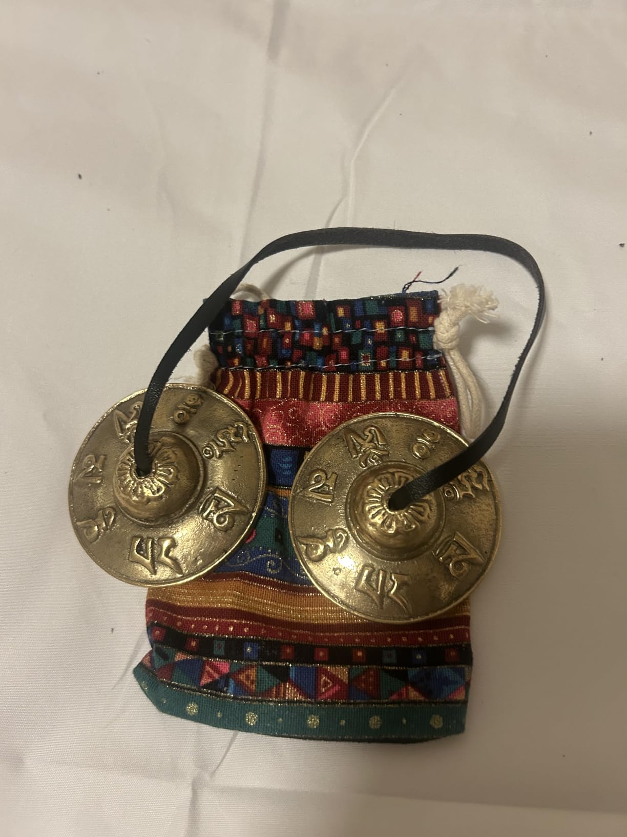 Boao Tibetan Bells Tingsha Cymbals Meditation Chime Bells with Tibetan Drawstring Cloth Bag, 6.3 cm Yoga Finger Meditation Chime for Percussion Instrument(Om Mane Padme Hum Symbols Embossed) customer photo 2