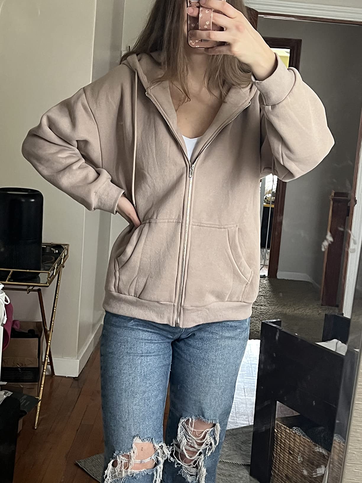 EFAN Women's Drawstring Zip Up Cute Oversized Fleece Hoodies with Pockets customer photo 1
