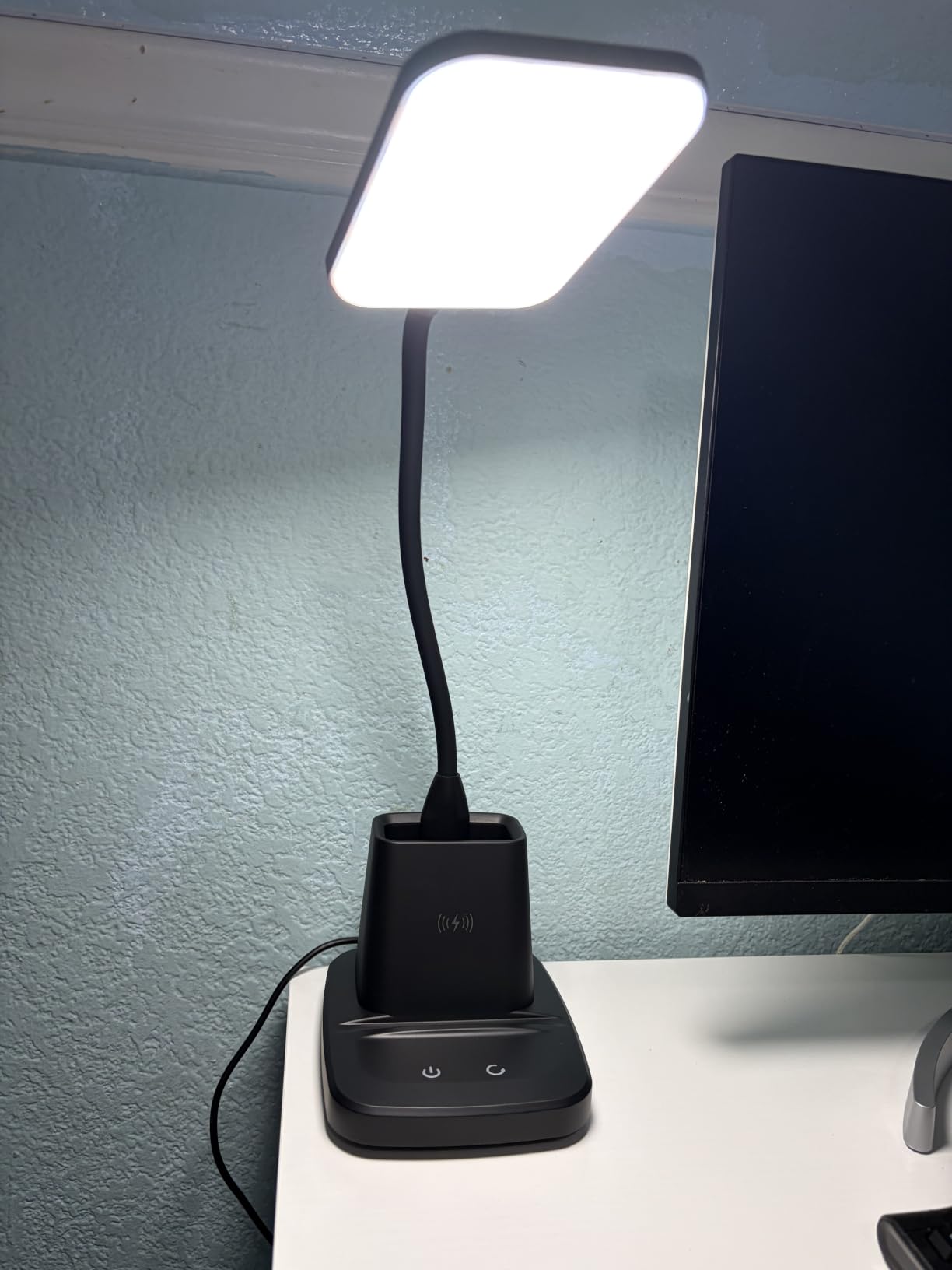 Desk Lamp, LED Desk Lamps for Home Office, Wireless Charger Small Desk Lamp with Pen Holder, 3 Color Modes, Dimmable, CRI 85, 800LM, Study Lamps for College Dorm Room, Adapter Included, Black customer photo 2