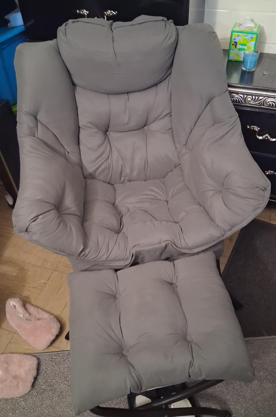 Welnow Lazy Chair with Ottoman, Modern Accent Chair with Armrests and a Side Pocket, Leisure Sofa Armchair, Reading Armchair with Footrest for Small Space, Dark Grey customer photo 1