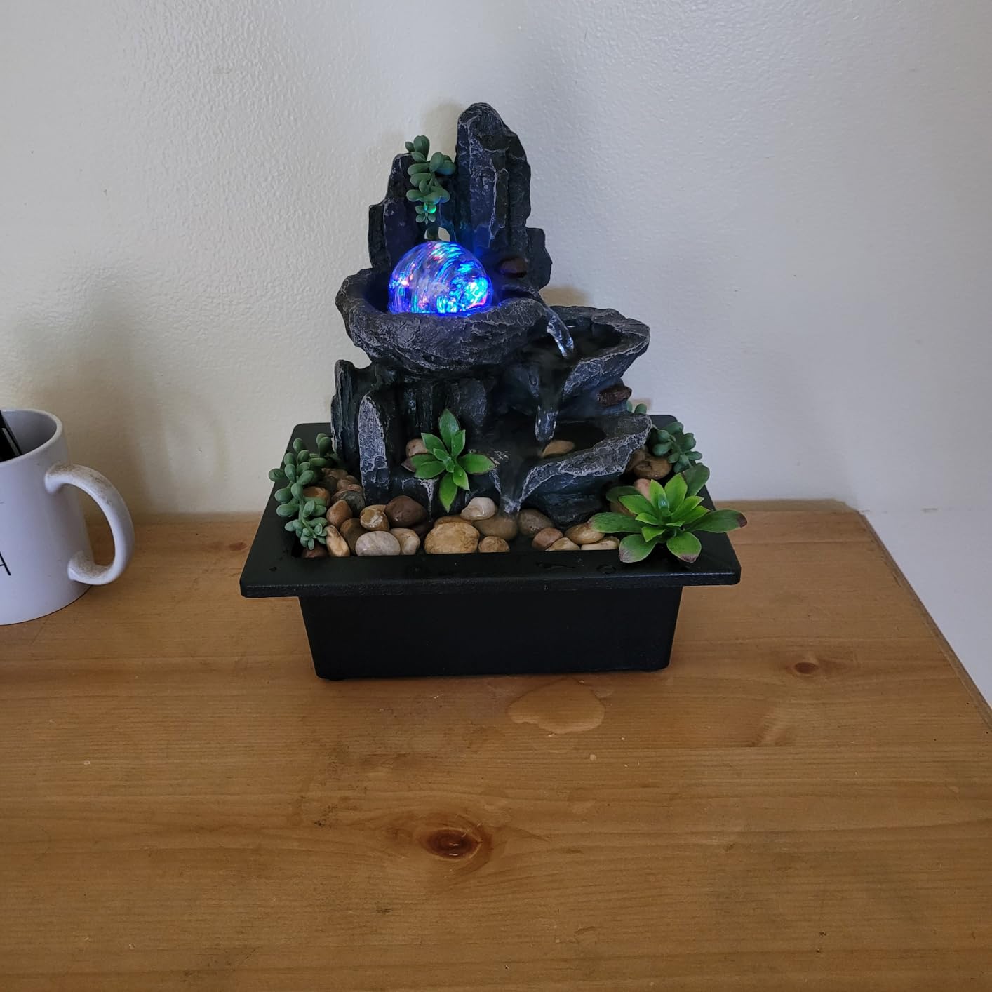 Tabletop Fountain Rotating Ball Rock Waterfall Fountain Office Tabletop Fountains for Home Office Decor Includes Many Natural River Rocks Decorated with Colorful Lights and Rolling Ball customer photo 1
