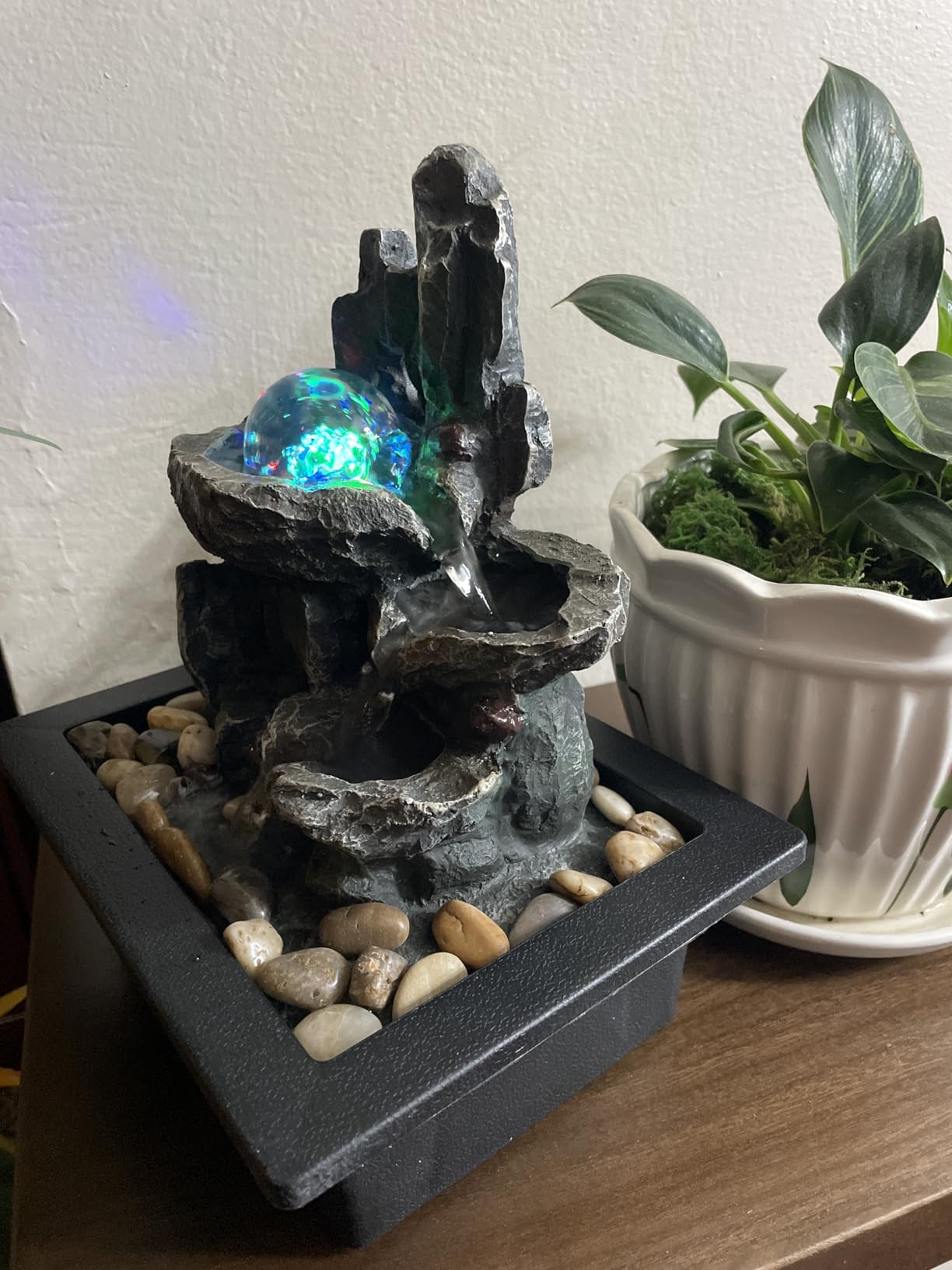 Tabletop Fountain Rotating Ball Rock Waterfall Fountain Office Tabletop Fountains for Home Office Decor Includes Many Natural River Rocks Decorated with Colorful Lights and Rolling Ball customer photo 2