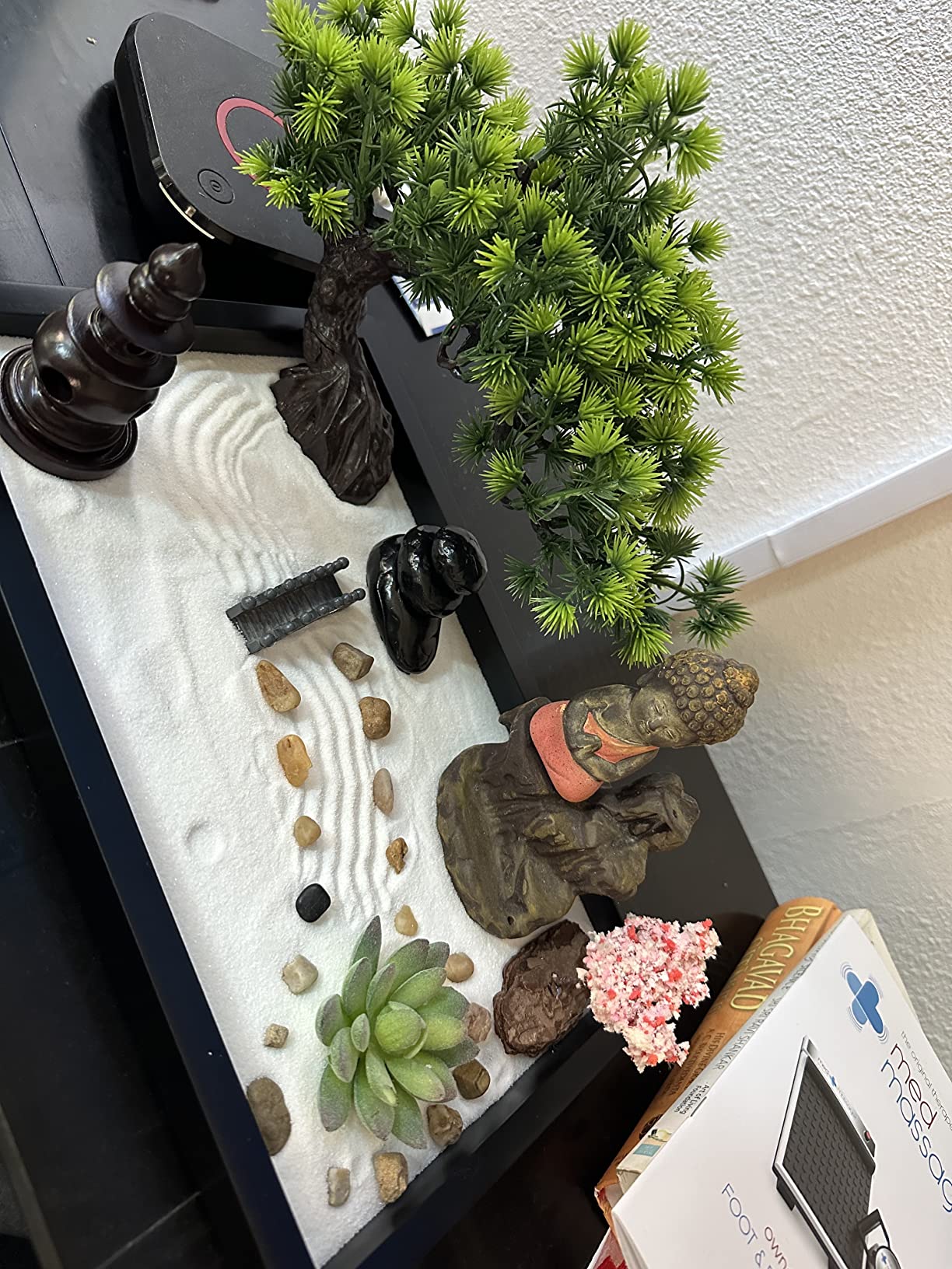 Zen Garden Kit for Desk Decor - Premium Beautiful Japanese Mini Sand Box Set Home, Office with Black Wooden Tray, White Sand, Rake Tools Desktop Meditation, Therapy and Accessories customer photo 2