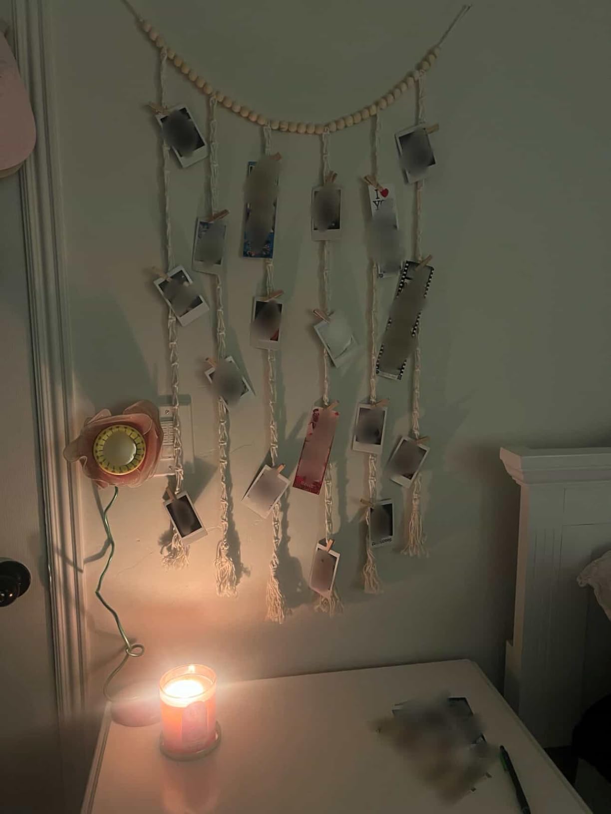 Mkono Hanging Photo Display, Boho Macrame Wall Decor with Lights, Ivory | 45 Clips, String Lights, Teen Girl Stuff Gifts, Wooden Beads Banner, Pictures Postcards Holder, Bedroom Living Room Dorm customer photo 1