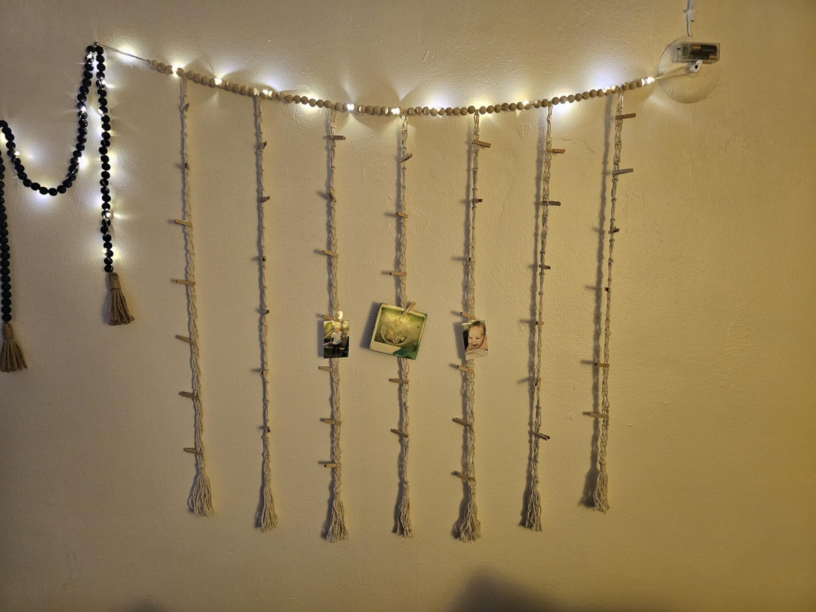 Mkono Hanging Photo Display, Boho Macrame Wall Decor with Lights, Ivory | 45 Clips, String Lights, Teen Girl Stuff Gifts, Wooden Beads Banner, Pictures Postcards Holder, Bedroom Living Room Dorm customer photo 2