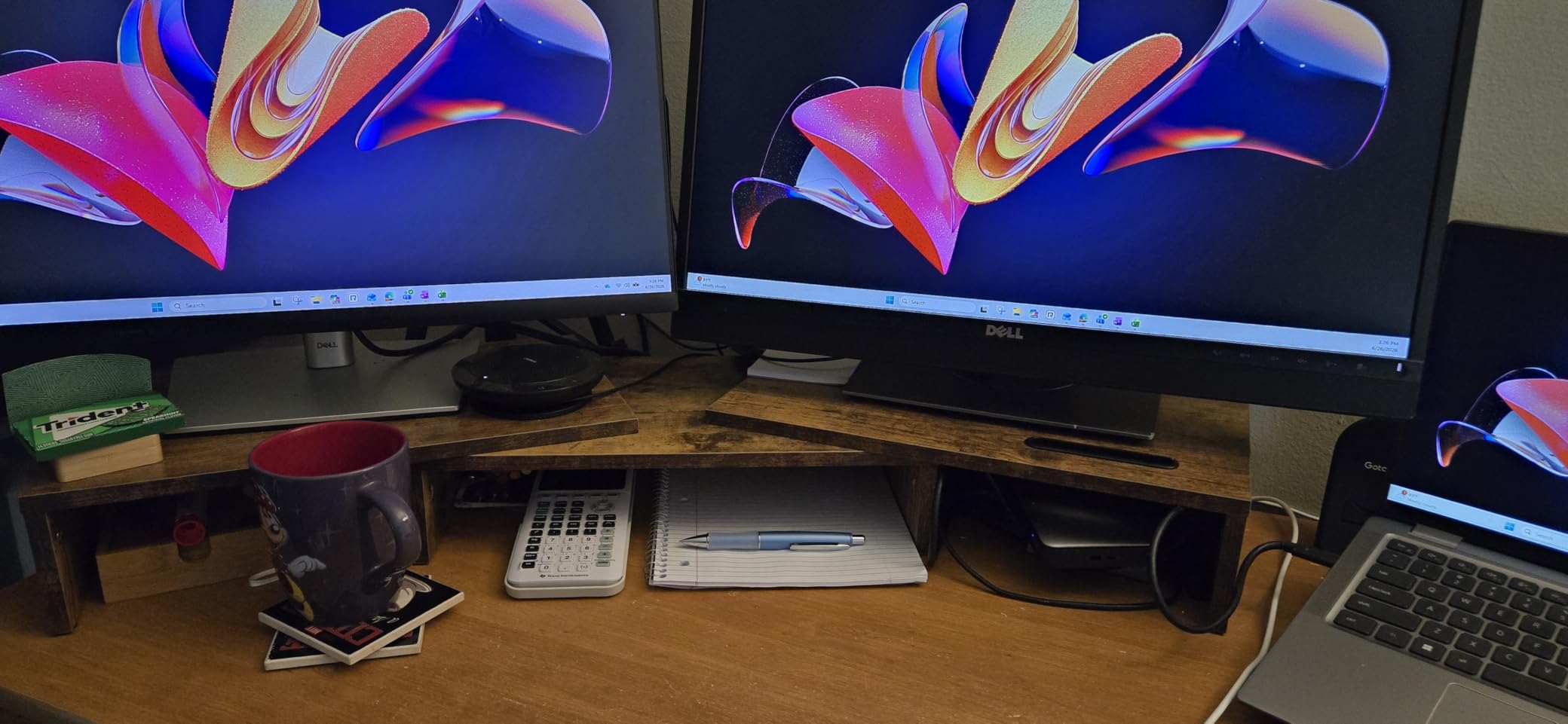 BONTEC Dual Monitor Stand Riser, Adjustable Length & Swivel Angle, Ergonomic Wooden Desktop Organizer (White) customer photo 1