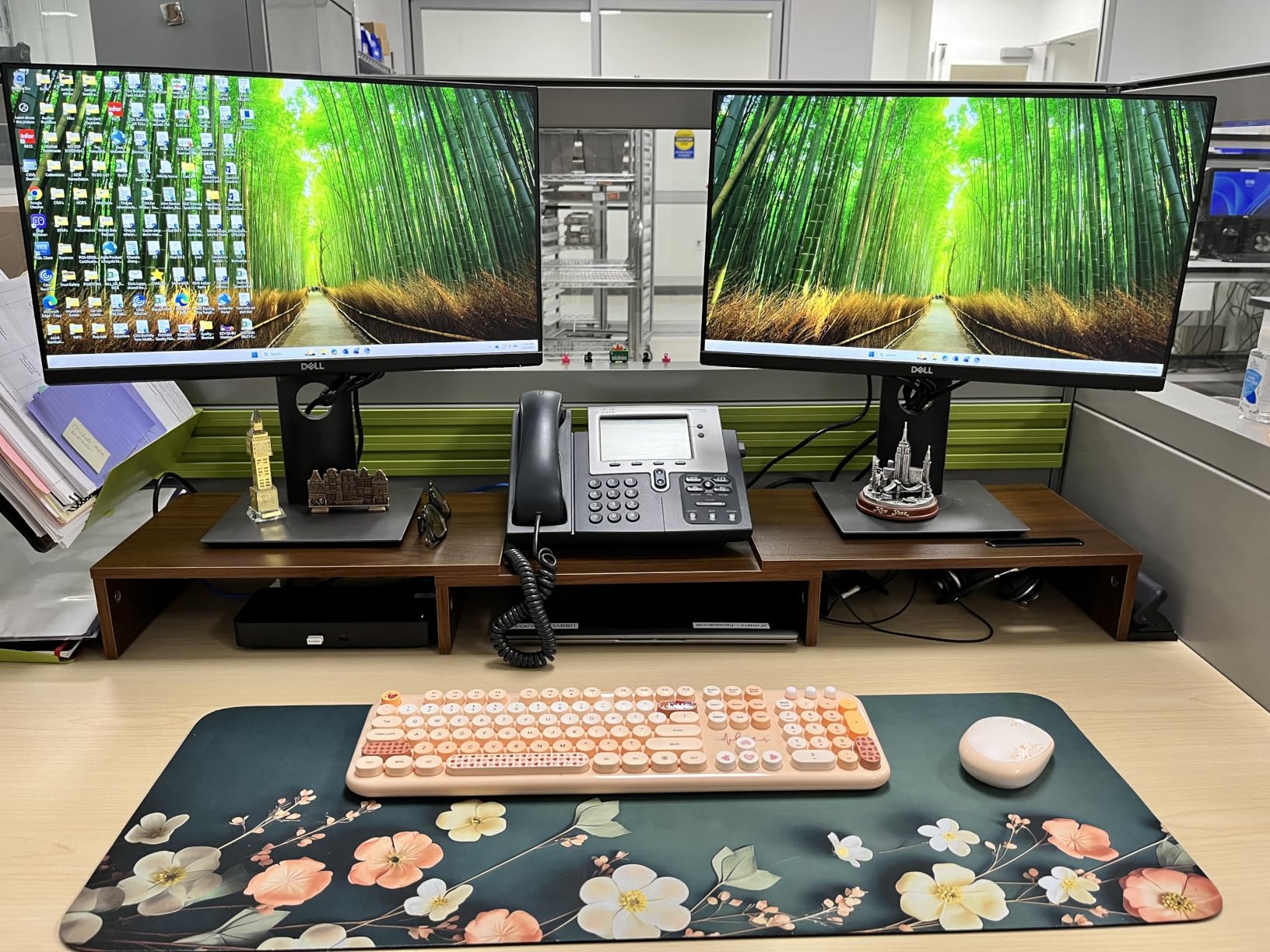 BONTEC Dual Monitor Stand Riser, Adjustable Length & Swivel Angle, Ergonomic Wooden Desktop Organizer (White) customer photo 2