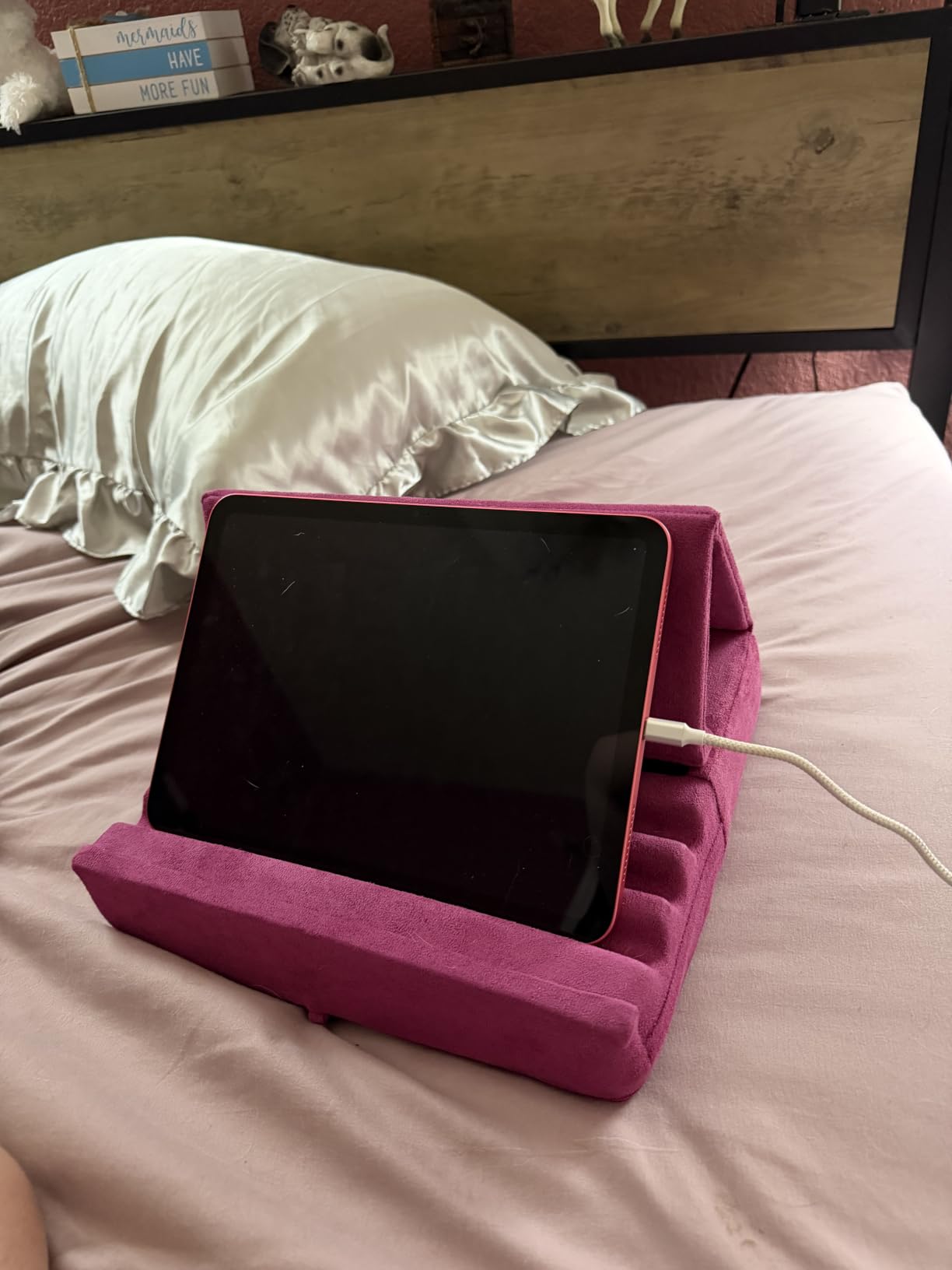 KDD Tablet Pillow Holder, Foldable iPad Stand for Lap, Bed and Desk - Tablet Soft Pad Dock with Pocket & Stylus Mount Compatible with iPad Pro 12.9, 10.5, 9.7 Air Mini 6 5 4 3, Galaxy Tab,E-Reader customer photo 2
