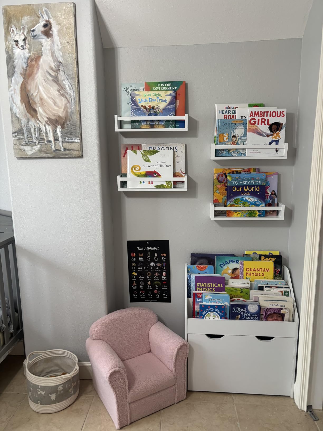 Fixwal Floating Nursery Book Shelves for Wall, 16.5in, Set of 3, White | Solid wood shelves store kids' books, toys and clothing. Fits kids' room, playroom, nursery, living room, bedroom & bathroom. customer photo 2