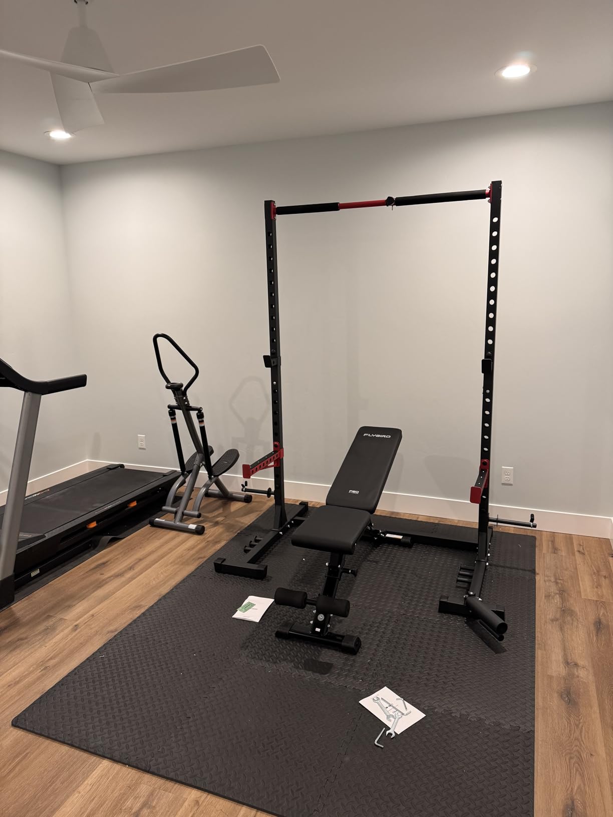 FLYBIRD SR1 Squat Rack, Adjustable Power Rack for 6FT/7FT Barbells | Squat Rack for Home Gyms with Pull-Up Bar, 22 Adjustment Positions, J-Hooks and Safety Spotter Arms w/ 110/180LBS Home Package customer photo 1