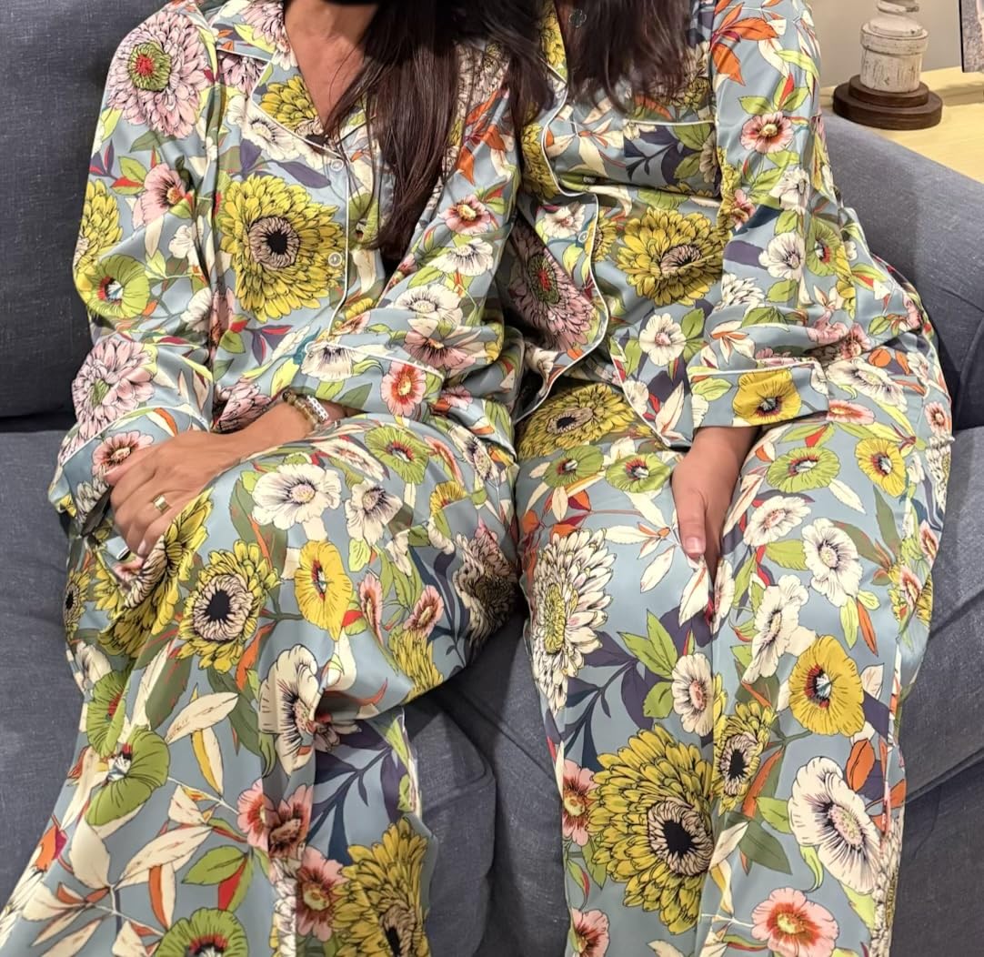 YiNi LuLu Womens Silk Satin Pajamas Set Button Down 2 Piece Pjs Long Sleeve Oversized Sleepwear with Pockets customer photo 2