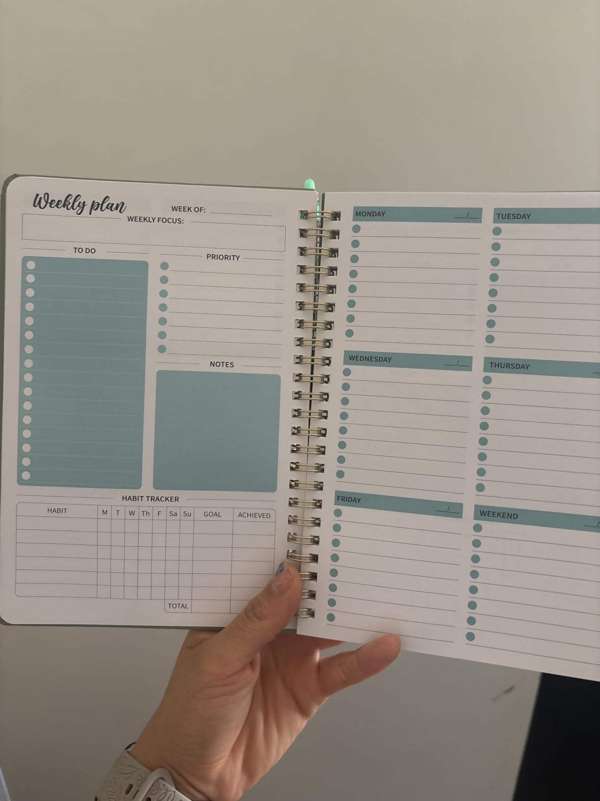 Taja Undated Weekly Planner, Weekly To Do List Notebook with Goal & Habit Tracker Organizer, A5 Weekly Planner Notebook with Spiral Binding, 6.1