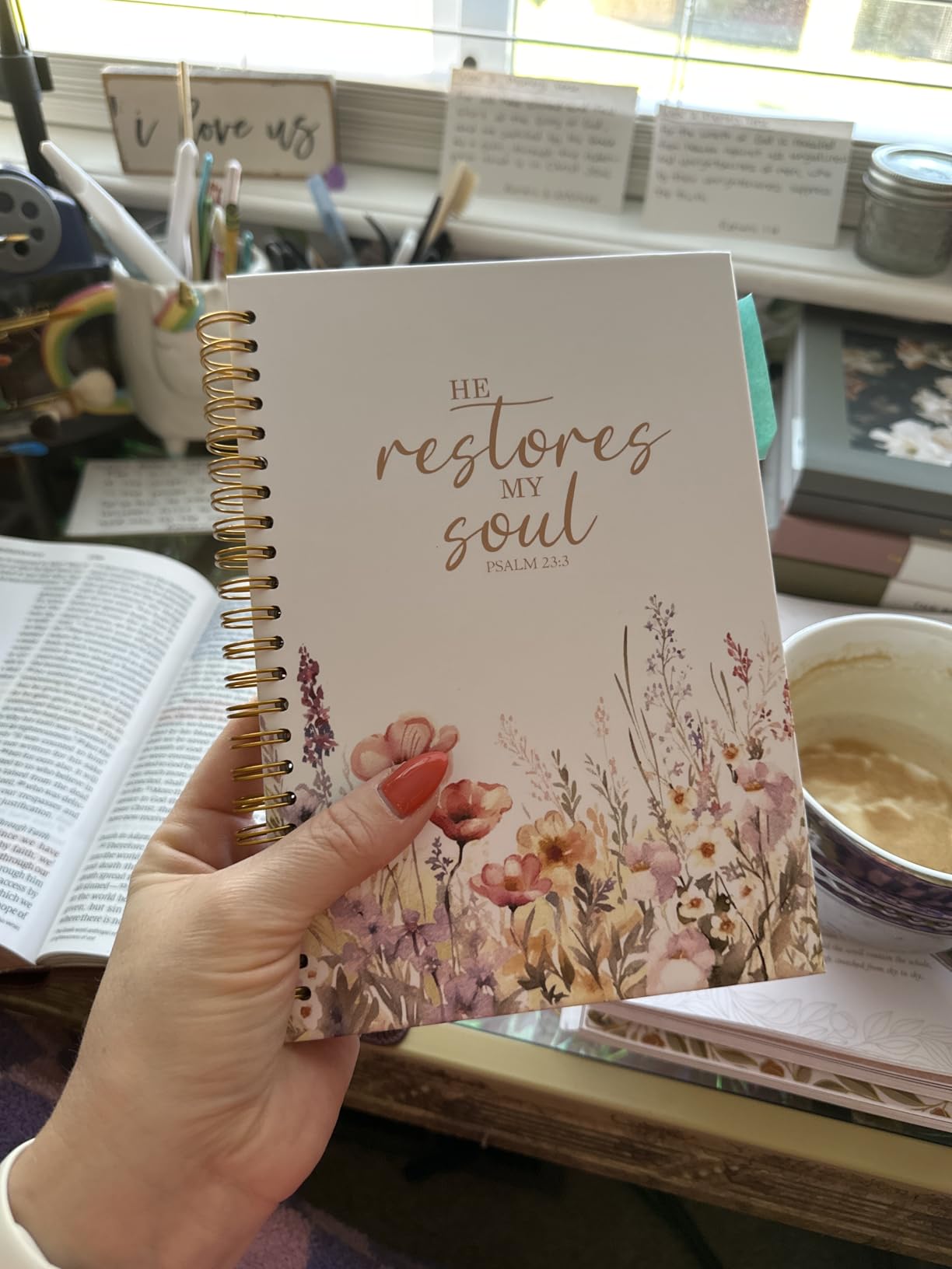 Christian Floral Spiral Notebook Journal for Women 5.5x8.3 Inch | Prayer Journal for Women,Bible Journaling Notebook,PSALM 23:3 He Restores My Soul Religious Lined Hardcover Spiral Notebook customer photo 2
