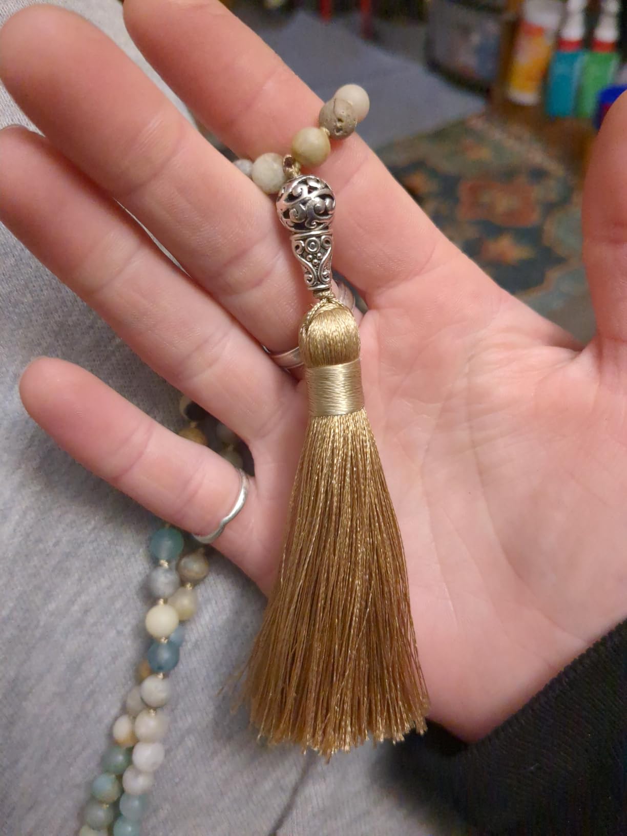 108 Mala Prayer Beads Wrap Necklace with Long Tassel Boho Necklace for Women Amazonite Bead Bracelet with Spiritual Tree of Life Pendant 108 Beads Necklace for Meditation customer photo 2