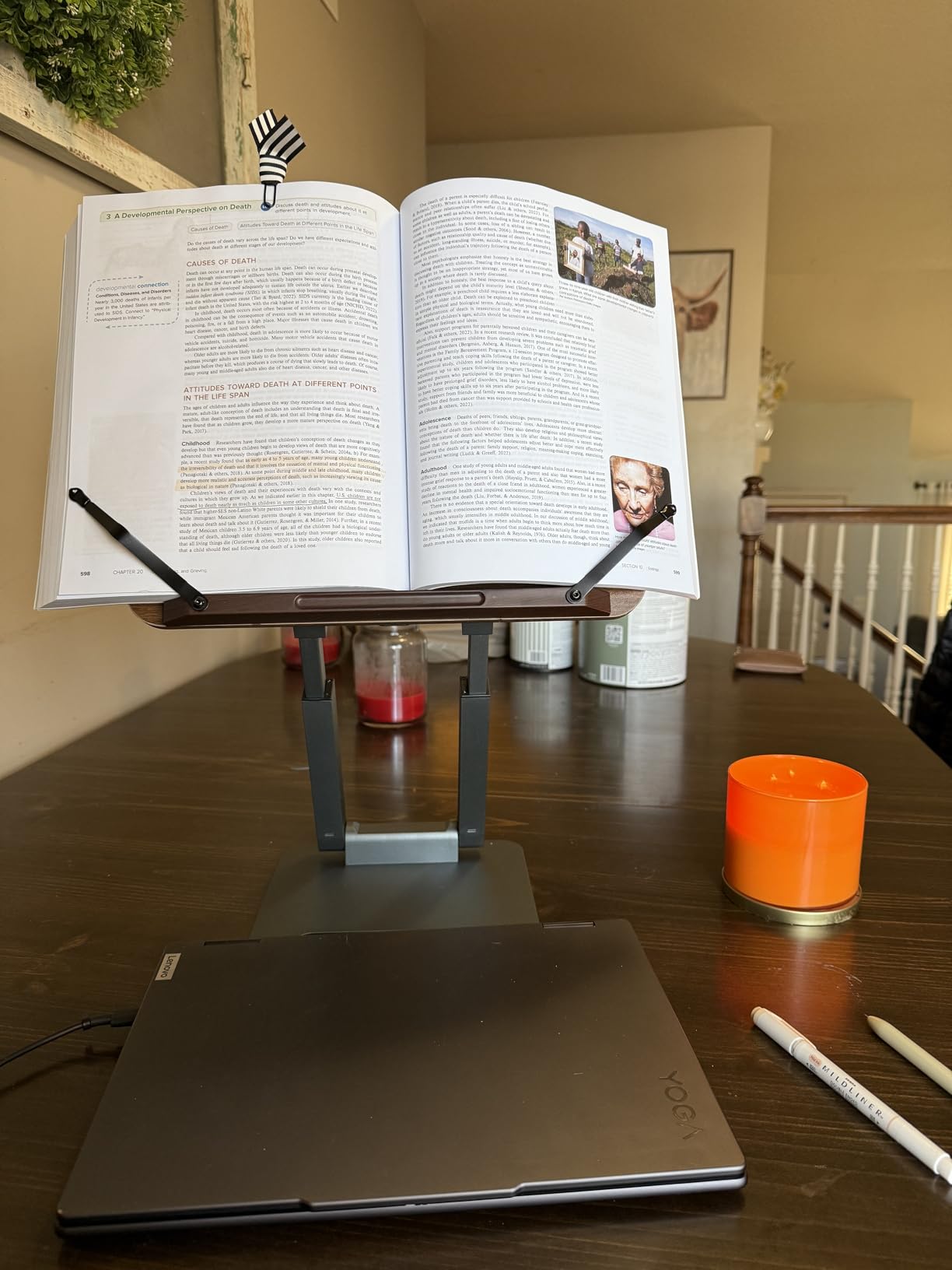 Tounee Book Stand, Telescopic Book Holder Stand, Adjustable Height Pull Out Design Ergonomic Cookbook Stand with Elastic Page Clips Fits All Books (Gray) customer photo 2