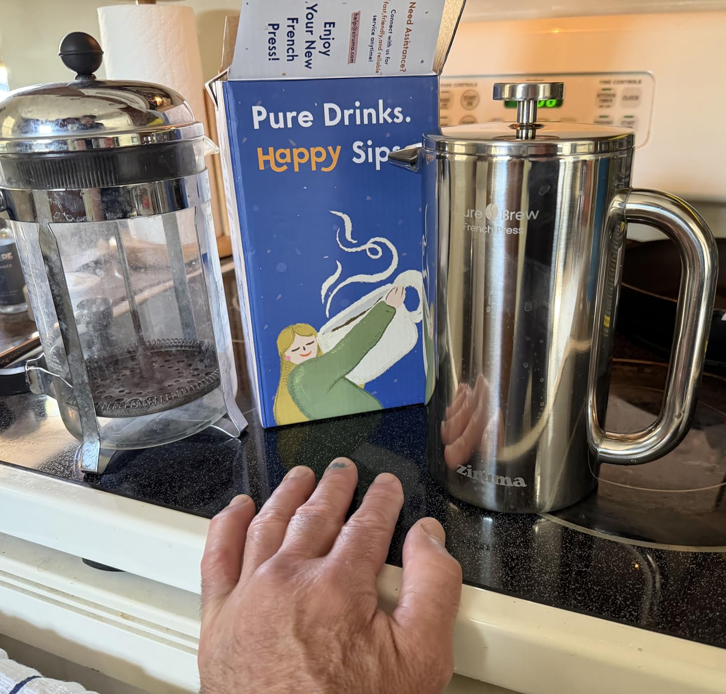 Non-Toxic Stainless Steel French Press, No Plastic or Heavy Metals, 34 oz | Surgical-grade steel. 4-layer filter. Double-wall insulated, stays hot for longer. Measure marks. Dishwasher safe. Portable. customer photo 1
