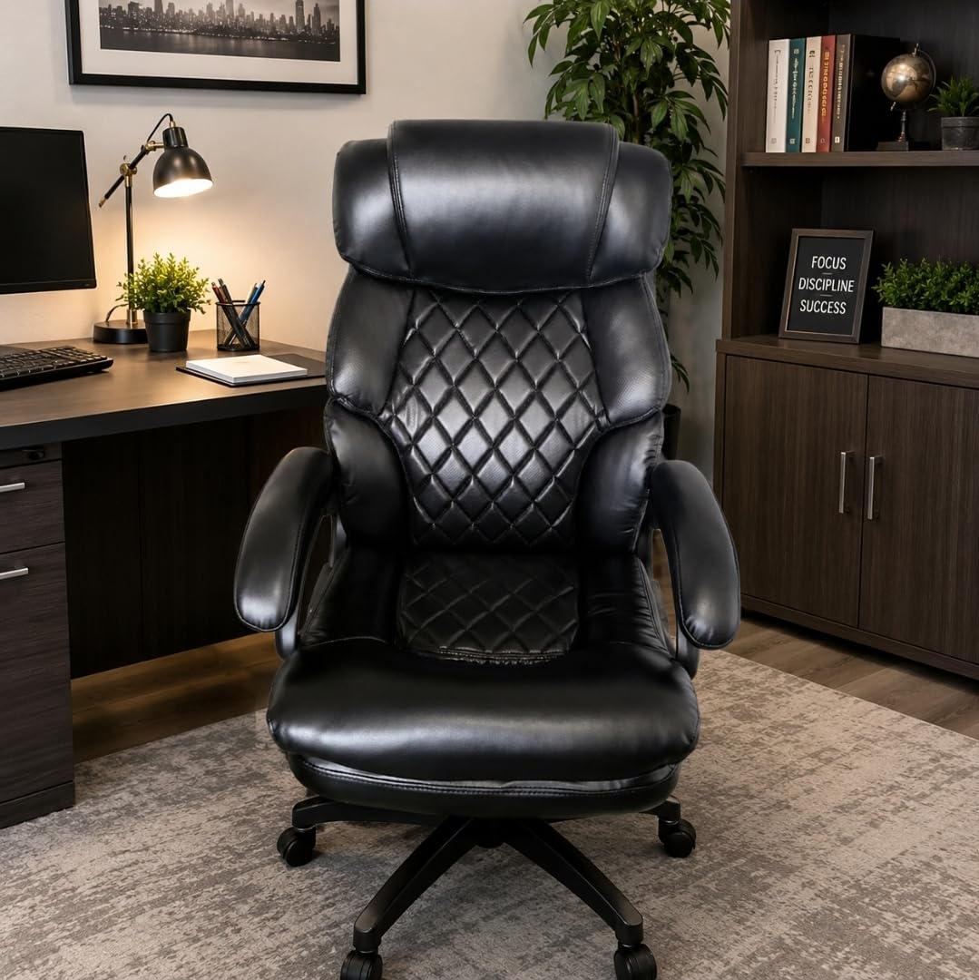 COLAMY Office Ergonomic Desk High Back Executive Chair with Pop-Out Lumbar Support, Upgraded Casters, Adjustable Headrest, Flip-Up Arms, Leather Home with Thick Cushion for Comfort - Black customer photo 2