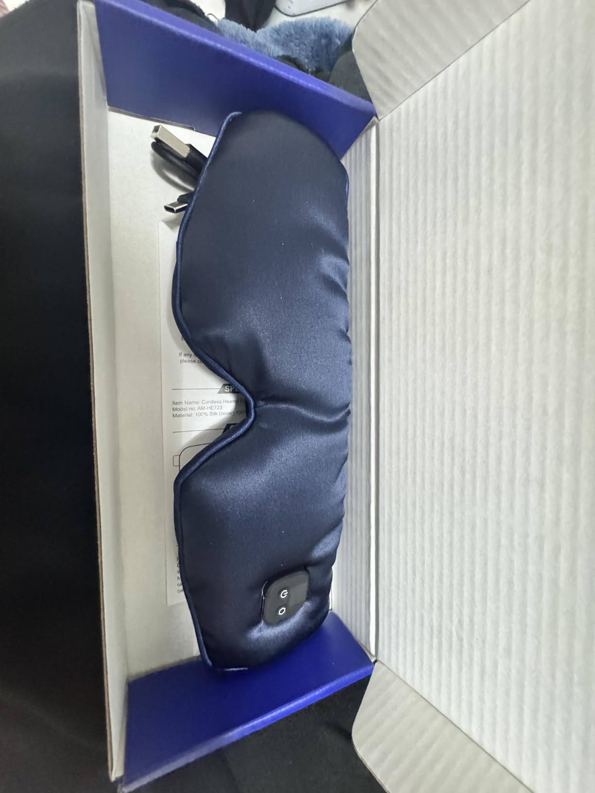 Aroma Season Silk Heated Eye Mask Cordless, 1500mAh Warm Eye Compress for Dry Eyes, Blepharitis, 4 Time Levels and 4 Temperature Settings, Washable (Navy Blue) customer photo 1
