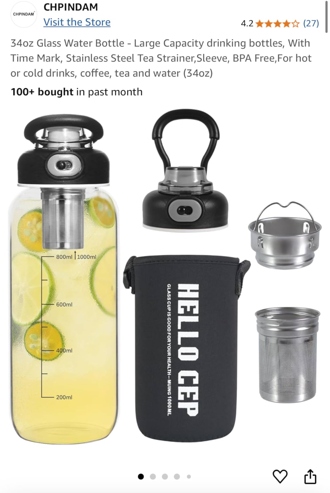 34oz tea bottle with infuser - Large Capacity Glass Water Bottle, With Time Mark, Stainless Steel Tea Strainer,Sleeve, BPA Free,For hot or cold drinks, coffee, tea and water customer photo 2
