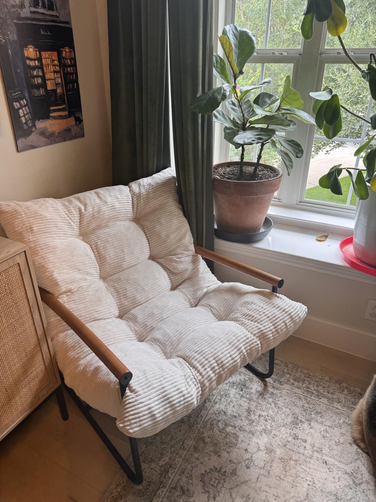 MAXYOYO Modern Accent Chair, Comfy Living Room Chair with Metal Frame Wooden Armrest, Upholstered Armchair with Soft Cushion for Bedroom Balcony Lounge Reading Room, Beige customer photo 1