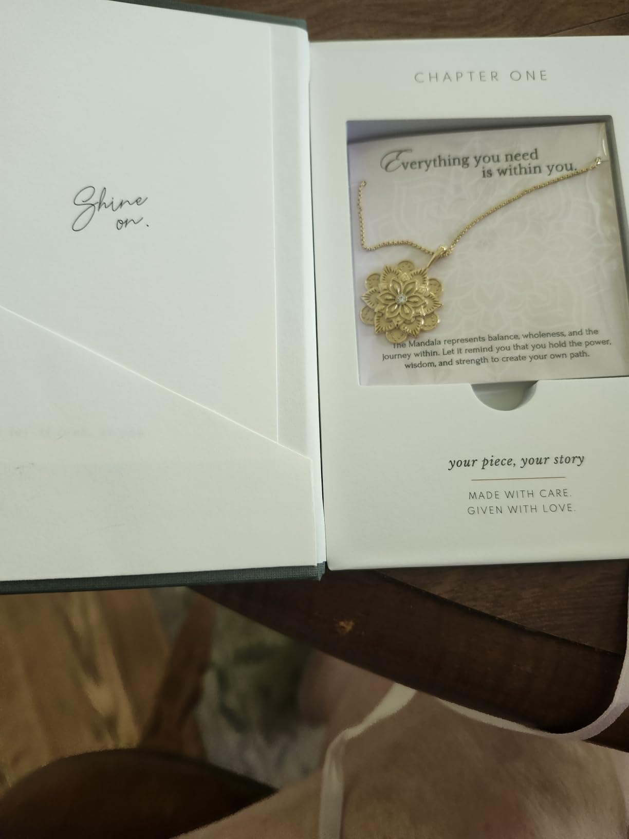 HOPE LOVE SHINE Mandala Necklace - Self Love Gift - Gold - Gift Wrapped + Message Card Packaging customer photo 2
