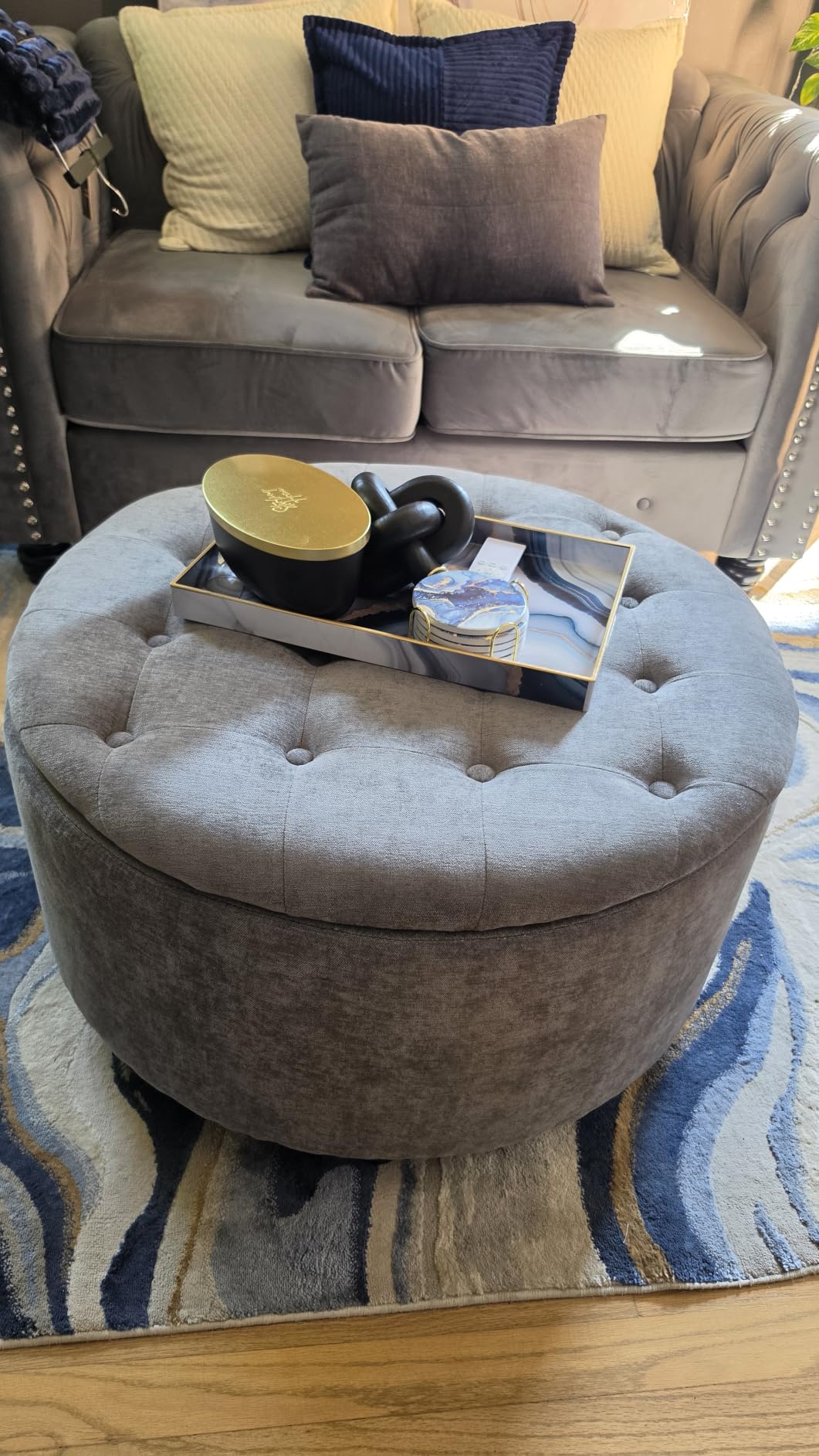 30 Inch Round Storage Ottoman,Modern Tufted Ottomans,Circular Coffee Table with Removable Top,Upholstered Large Ottoman with Storage Footrest Stool for Bedroom Living Room (Grey) customer photo 2