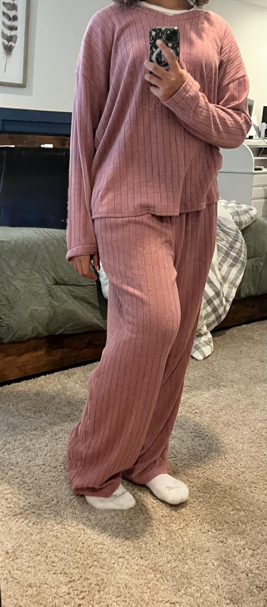 Ekouaer Lounge Sets for Women Long Sleeve Knit Ribbed Pajama Sets 2 Piece Casual Loungewear with Pockets customer photo 2
