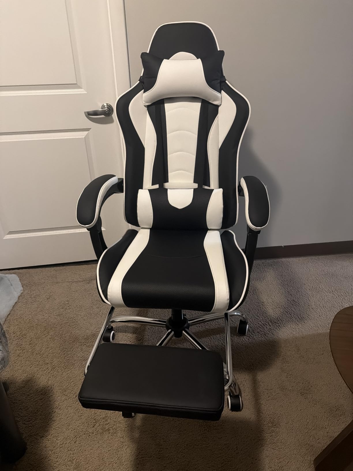 Yaheetech Gaming Chair with Footrest Massage Lumbar Pillow Reclining Black | Foam-padded PU leather racing seat and plush headrest recline with a slide-out footrest; metal frame supports up to 300 lb. customer photo 1