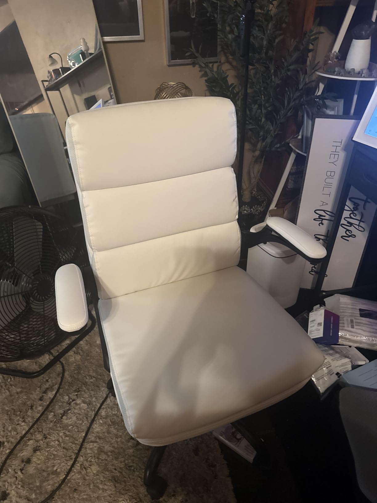 amseatec Small Desk Chair, Comfy Office Chair, Flip-Up Arms for Home | 3-zone mid backrest and dual-layer cushion add comfort; PU upholstery, 90° upright lock, 115° tilt, rocking mode; 300lbs customer photo 1