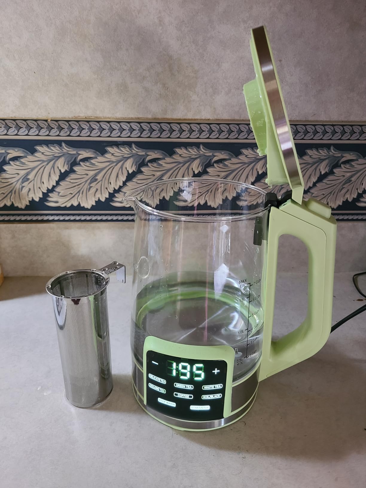 Gourmia Electric Glass Kettle - 1.7L Programmable Tea & Coffee Brewer with Digital Touch Display, 6 Presets, Removable Stainless Steel Infuser, Cordless with 360° Swivel Base, Green customer photo 1