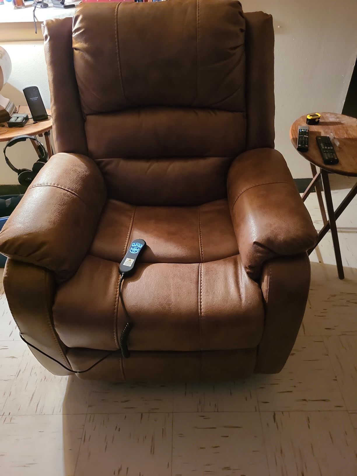 Signature Design by Ashley Crestmeade Power Lift Recliner, Dual Motor with Heat and Massage, Suede Faux Leather, Fossil Brown, 35 W customer photo 1