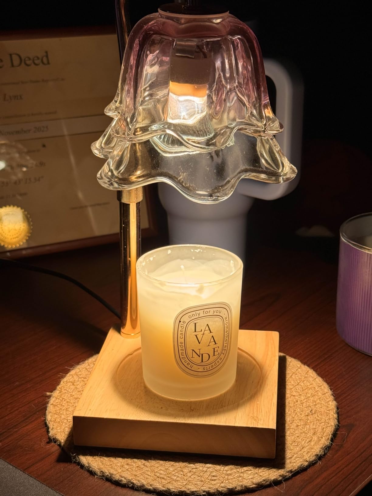 Candeldo Candle Warmer Lamp Gift Set with Timer, Purple Glass Shade | Includes Lavender Candle, Teacup, Jewelry Dish and Heat-Resistant Pad, Self-Care Ritual Gift for Relaxation customer photo 2