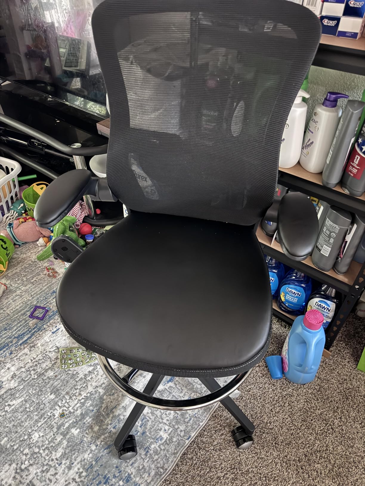 Drafting Chair 400lbs Heavy Duty Tall Office Chair Big and Tall Ergonomic Standing Desk Chair with Lumbar Support and Adjustable Footrest Ring, Comfy Mesh Wide Chair with Flip-up Armrests, Black customer photo 2