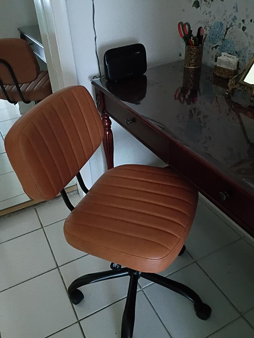DUMOS Armless Office Desk Chair, Small Vanity Chair with Lumbar Support | PU Leather, 360° Rolling Swivel, Height Adjustable, Fit Computer Task, Bedroom Living Room, Beige customer photo 2