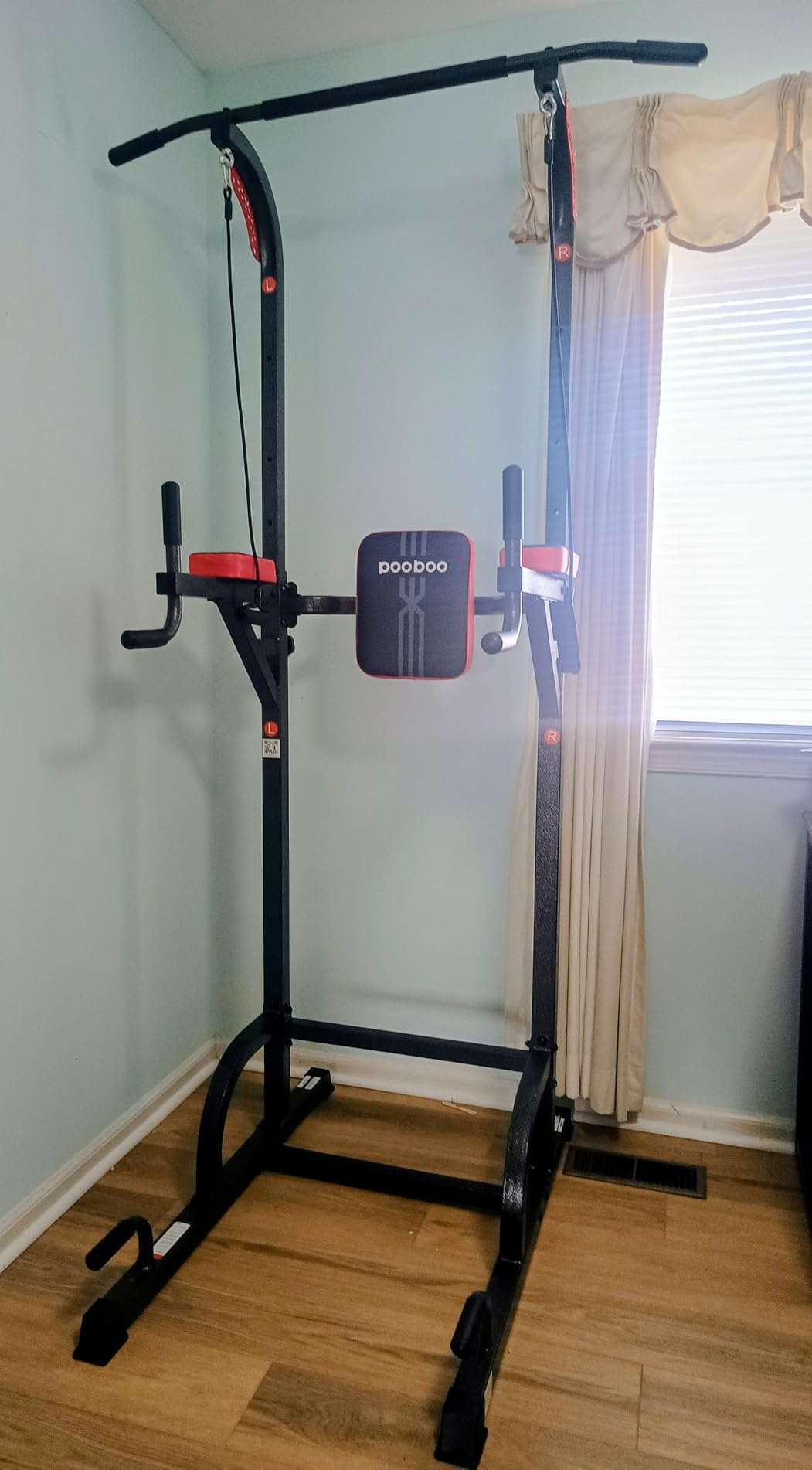 Pooboo Power Tower Dip Station Pull Up Bar for Fitness Home Gym Workout,450 Pounds Multi-Function Adjustable Height Fitness Strength Training Exercise Equipment,with Power Elastic Ropes customer photo 1