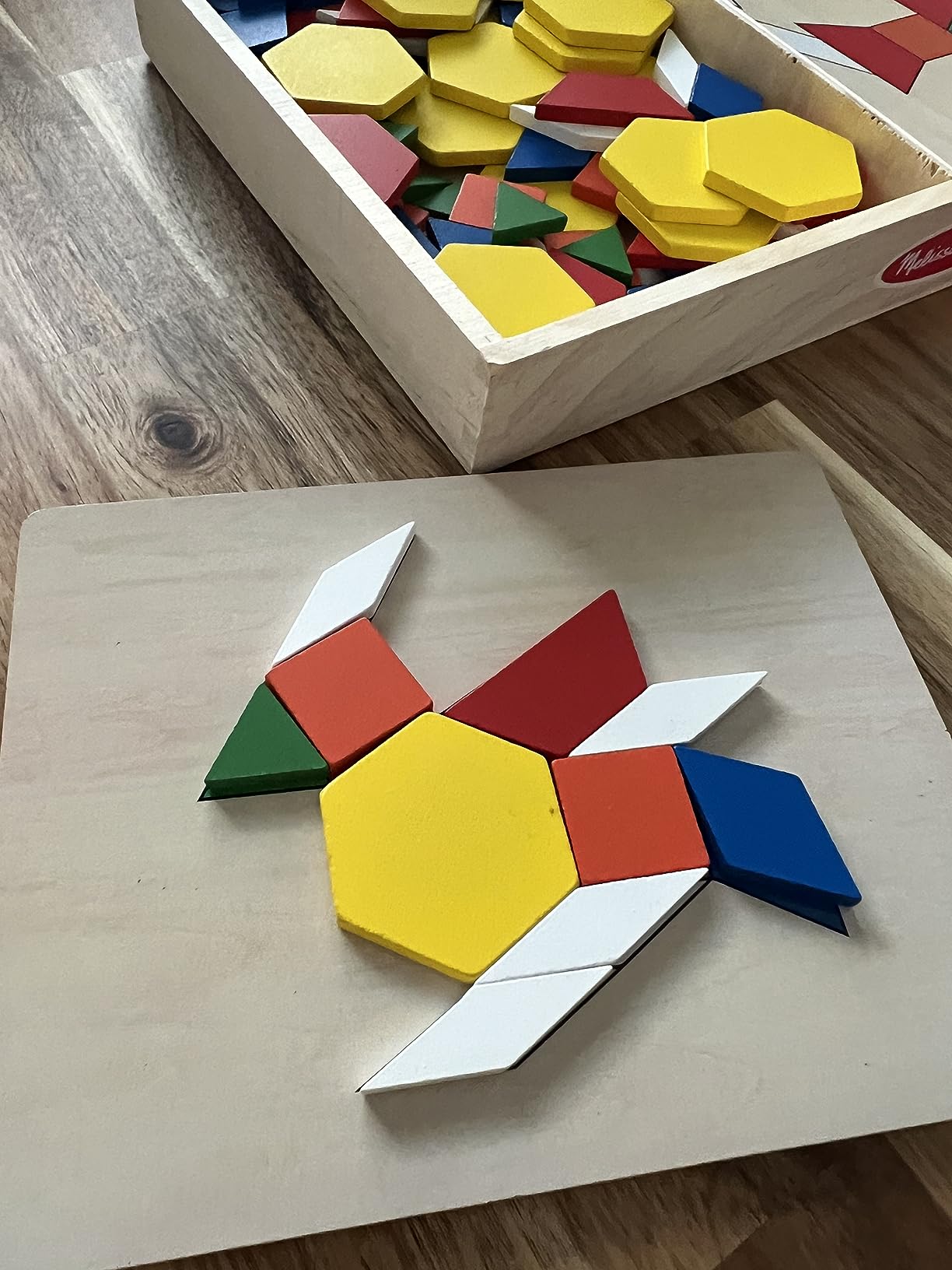 Melissa & Doug Pattern Blocks and Boards with 120 Multi-Colored Wooden Shape Tiles, 5 Double-Sided Puzzle Boards, Tangram Puzzles, Montessori Toys for Girls & Boys customer photo 1