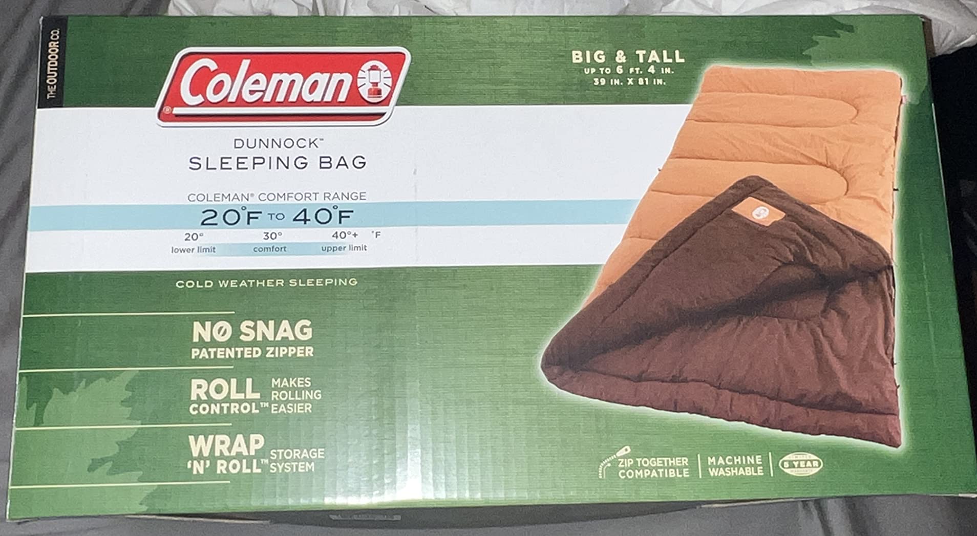 Coleman Dunnock 20°F Big ‘n Tall Sleeping Bag, Cold-Weather Sleeping Bag Fits Adults up to 6ft 4in, Machine Washable, Flannel Liner customer photo 2