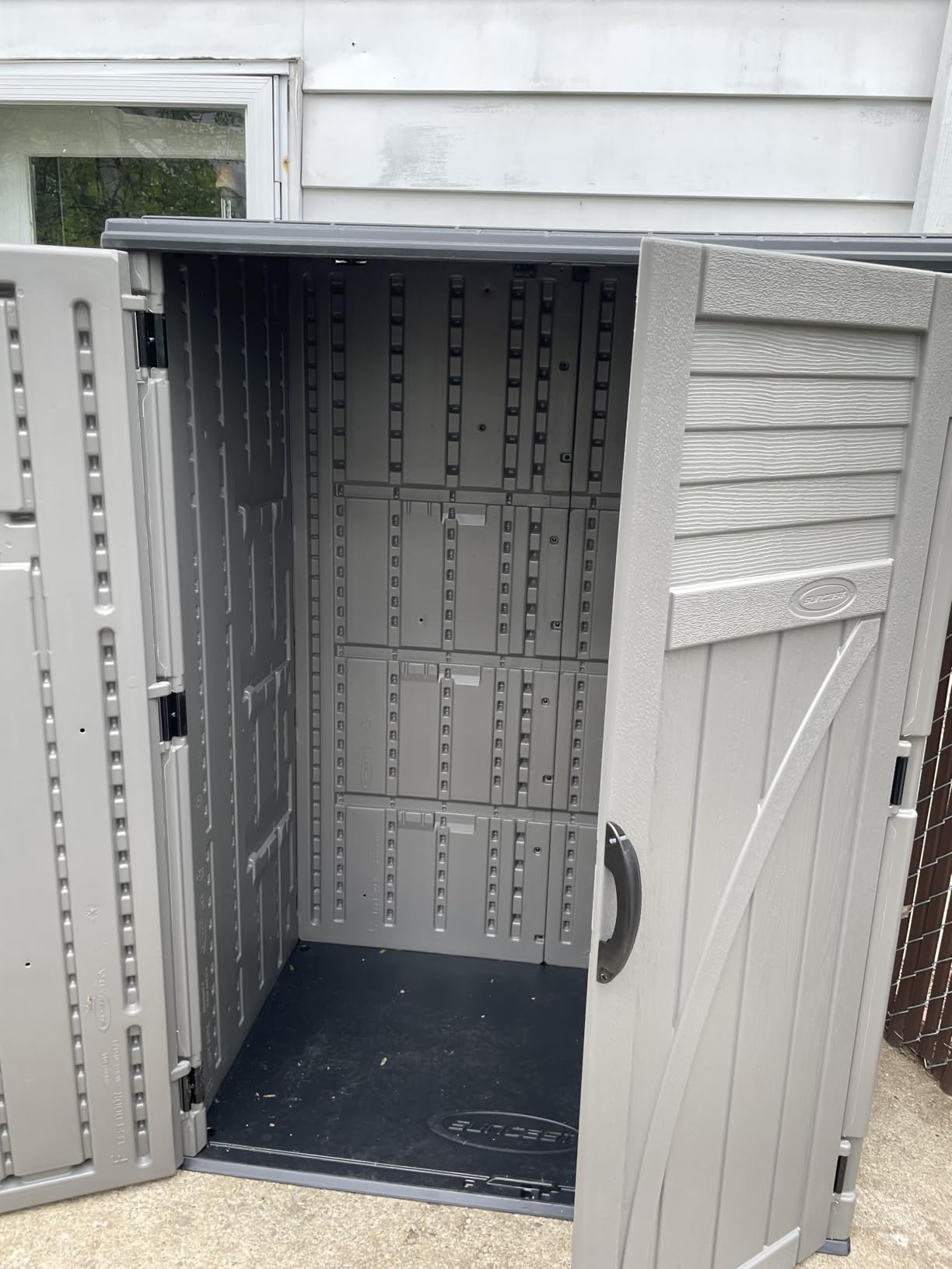 Suncast Outdoor Storage Shed, Water Resistant Resin Vertical Outdoor Storage Cabinet for Patio, Garden Tools, Cushions, & Equipment, Weatherproof Multi-Wall Design, 54 cu. ft., Made in USA customer photo 1