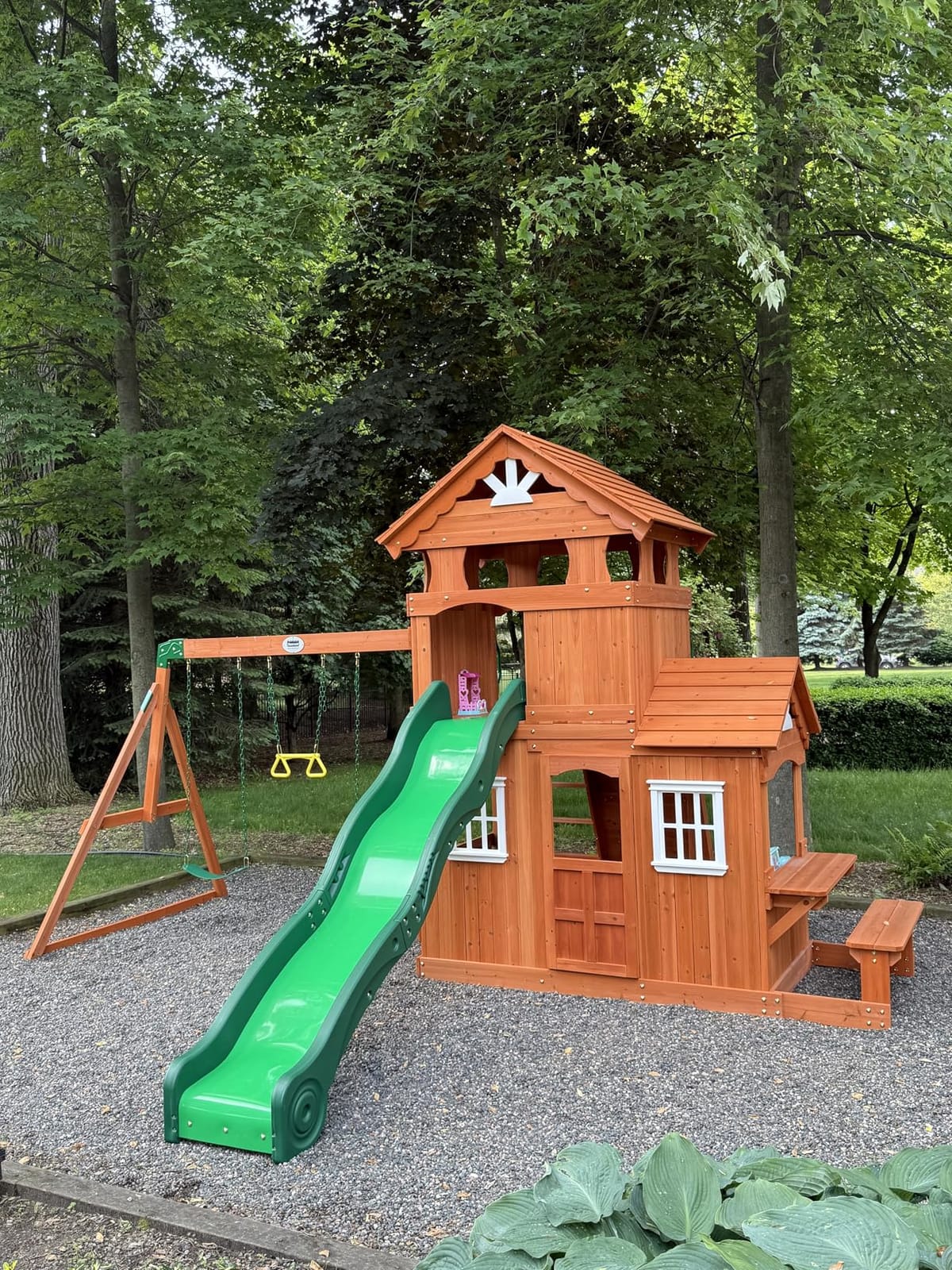Backyard Discovery Shenandoah Cedar Wood Swing Set with Wave Slide, Raised Clubhouse, Playhouse, Play Kitchen, Belt Swings, Trapeze, Rock Wall, Ladder, Picnic Table, Full Door, Outdoor Playset customer photo 2