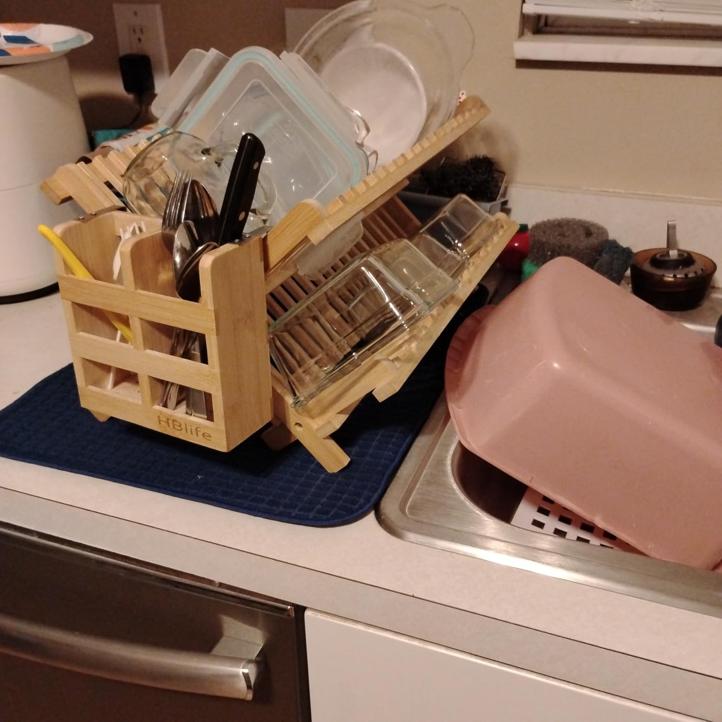 HBlife Dish Rack, Bamboo Folding 2-Tier Collapsible Drainer Dish Drying Rack with Utensils Flatware Holder Set (Dish Rack with Utensil Holder) customer photo 2