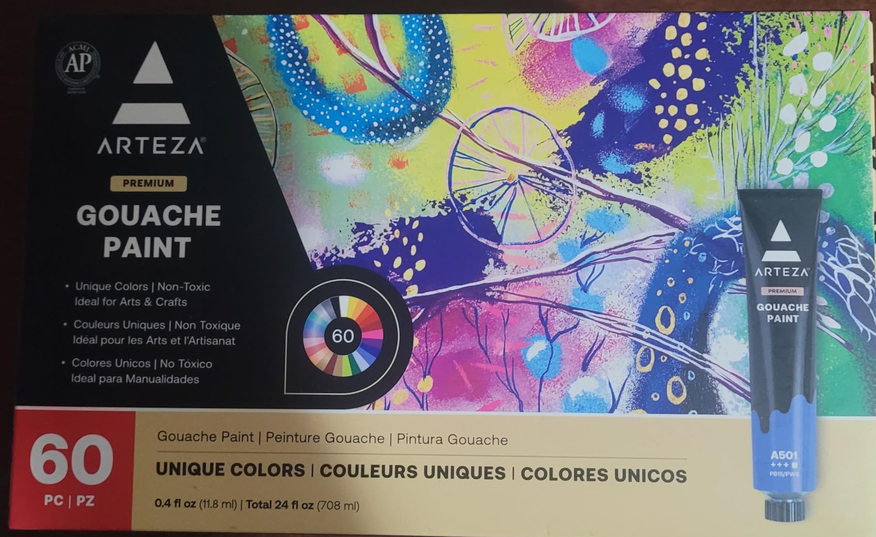 ARTEZA Gouache Paint Set, 60 Colors, 12 ml / 0.4 fl oz Tubes, 12 Metallics | Opaque Matte Finish, Creamy Texture, Blending, Glazing, Layering, Gradients, Color Chart and Organized Trays Included customer photo 1