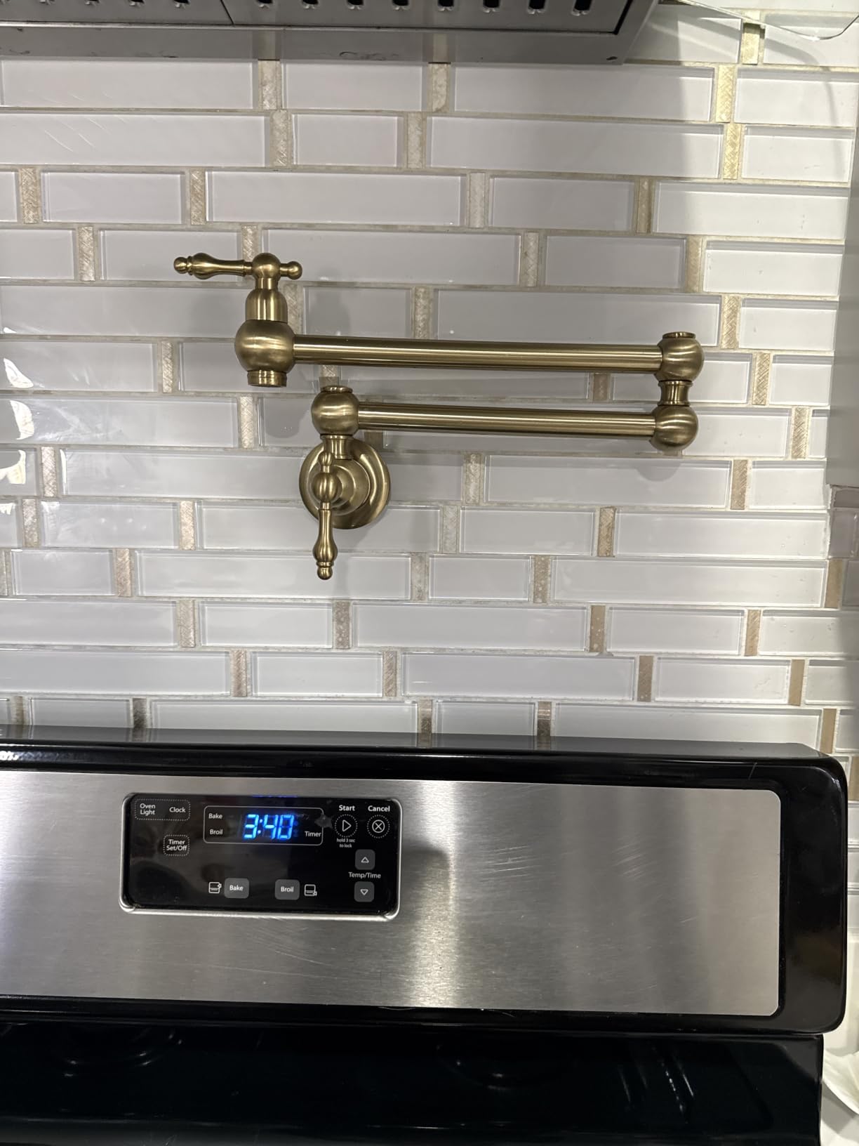 Pot Filler Faucet Brushed Nickel - WOWOW Solid Brass Pot Filler Wall-Mounted Pasta Faucet with Double Joint Swing Arm for Kitchen Over Stove customer photo 2