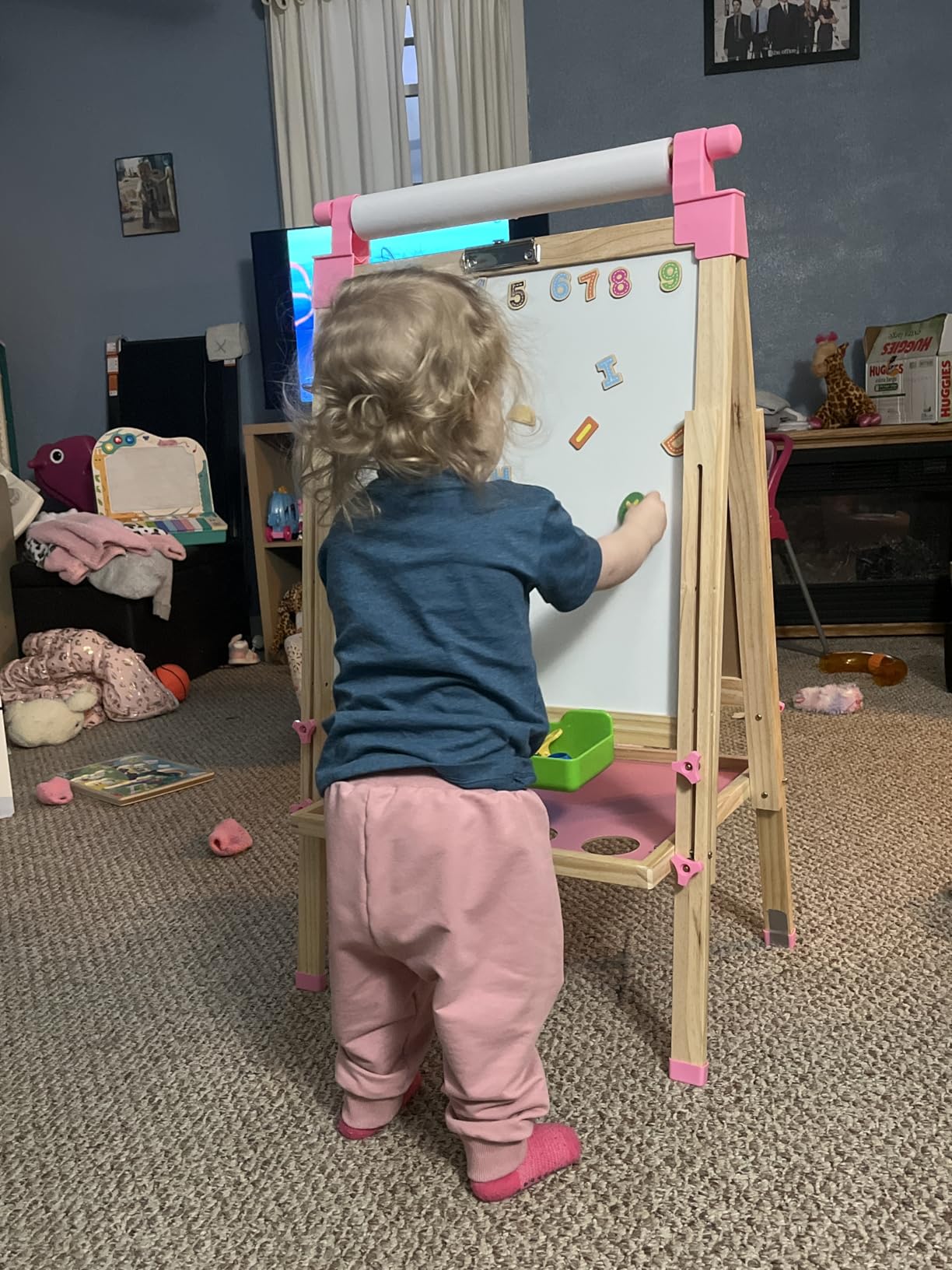 JOYOOSS Kids Wooden Easel with Paper Roll - Adjustable Magnetic Double Sided Drawing Board Whiteboard & Chalkboard Dry Easel Board,Children Art Easel for 3~12 Years Kids Boys Girls Painting Drawing customer photo 2