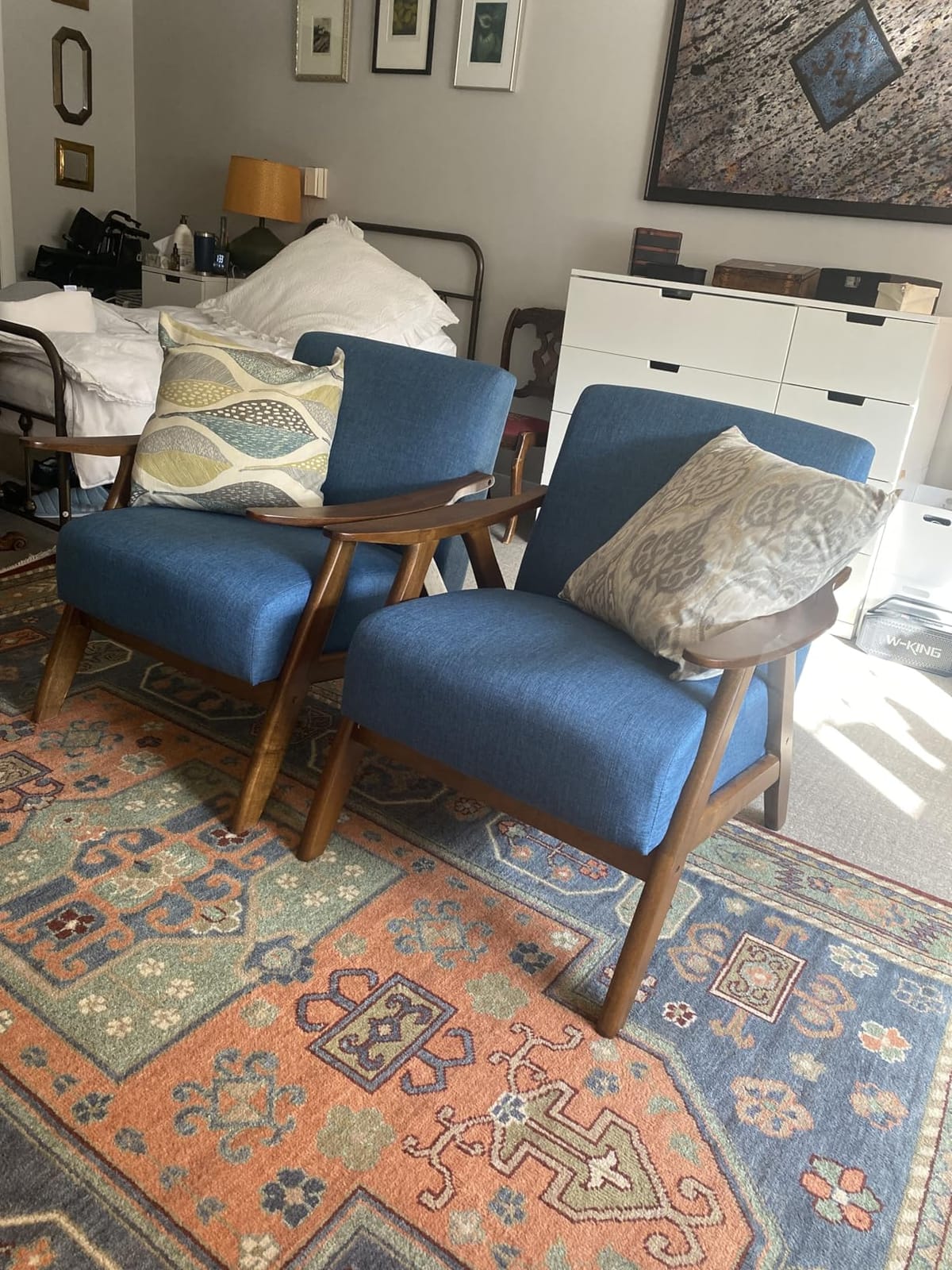 Lexicon Mid Century Modern Accent Chair with Solid Wood Frame in Walnut Finish, Upholstered Living Room Lounge Arm Chair, Thick and Comfy Innerspring Seat Cushion, Linen-Look Fabric, Blue customer photo 2